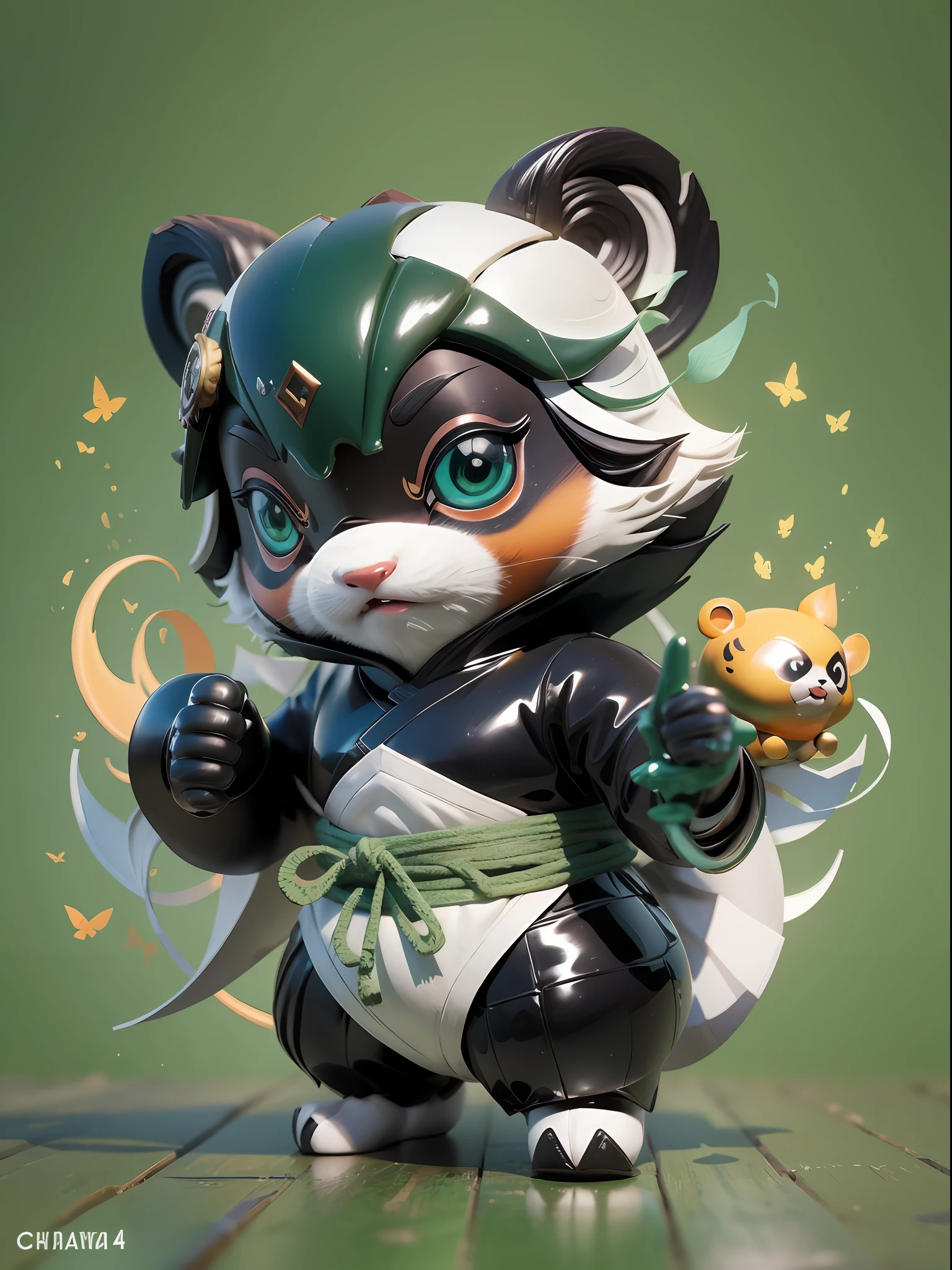 full body, chibi, front, fashion toy, paobaotang style, ancient chinese mythological panda, black and white color scheme, kung fu panda, chivalrous panda with bamboo, dark green bamboo, trend, cool, model, blind box toy, ip, pop bazaar, shiny material, shiny, simple premium color scheme, white clean background, 3D, octane, best quality, C4D, OC effect, pinterest, super detail