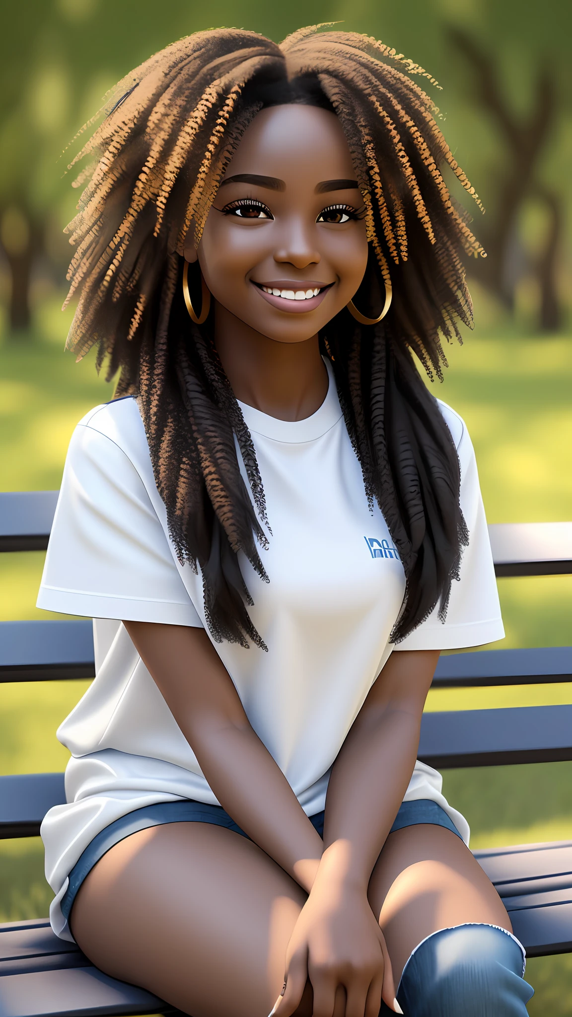 realistic portrait of a beautiful 9 month old African American little baby girl ((dark skin color)) with a birthday balloons, ((chibi)), cute smile, ((sitting on a park bench)), wearing white t-shirt and jeans, current fashion, long hair mega hair, ((kanekalon)), cinematic Contour lighting, close-up, product preview, detailed facial detail, perfect face, sharpness, trend art, sharp facial detail, cgsociety, very high quality digital art, exquisite hyper detail, 4k, 3D, 8k soft lighting, dreamy fashion --auto --s2
