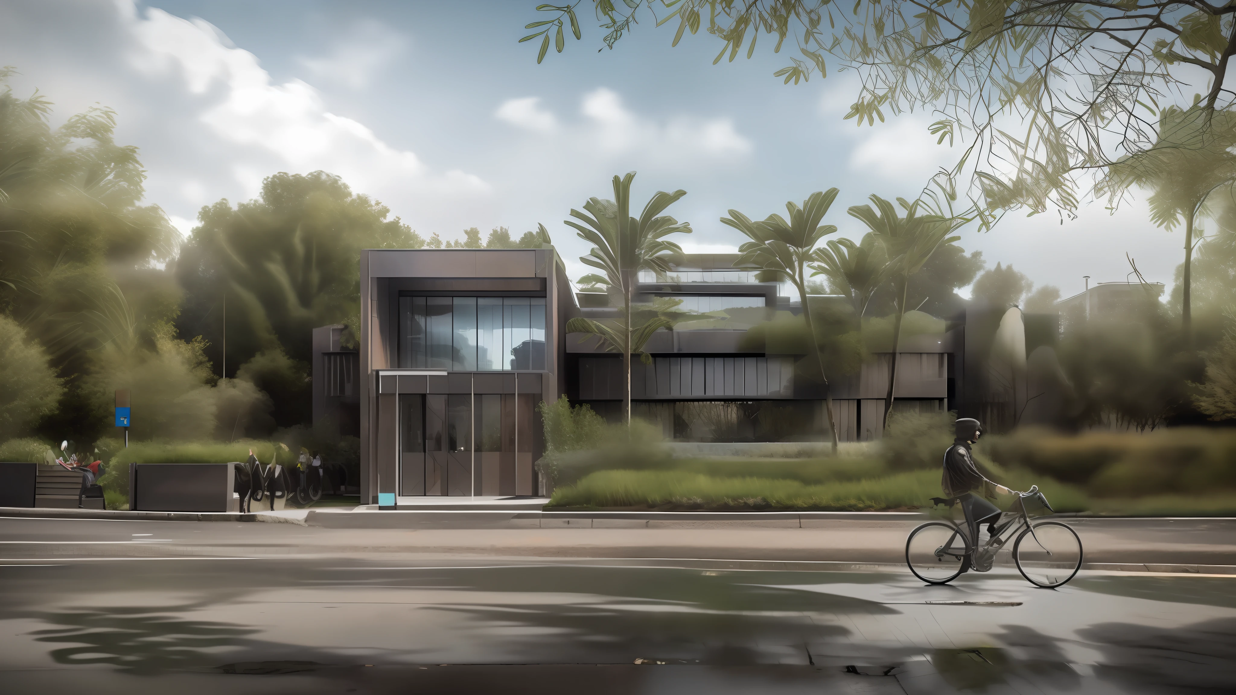 there is a man riding a bike down the street in front of a house, architectural 3 d render, architectural render, concept house, architectural visualisation, architectural rendering, architectural visualization, architecture render, front facing shot, realistic rendering, a photorealistic rendering, award-winning render, by Luis Miranda, by Aya Goda, realistic physical rendering, professional render, realistic render