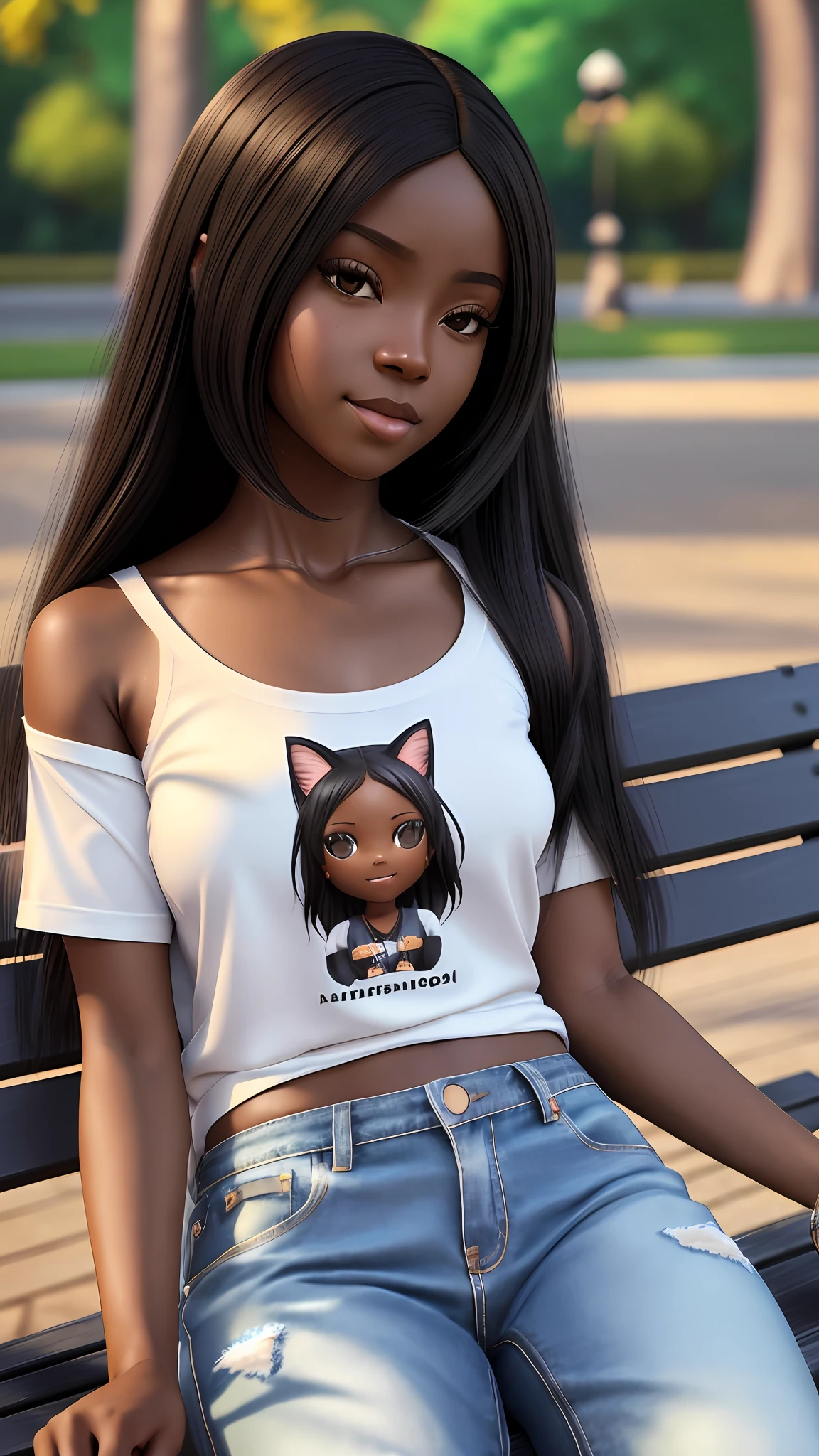 realistic portrait of a beautiful 9 month old African American little girl ((dark skin color)) with a cat, ((chibi)), cute smile, ((sitting on a park bench)), wearing white t-shirt and jeans, current fashion , long hair mega hair, ((kanekalon)), cinematic Contour lighting, close-up, product preview, detailed facial details, perfect face, sharpness, trend art, sharp facial details, cgsociety, digital art by very high quality, exquisite hyper details, 4k, 3D, 8k soft lighting, dreamy fashion --auto --s2