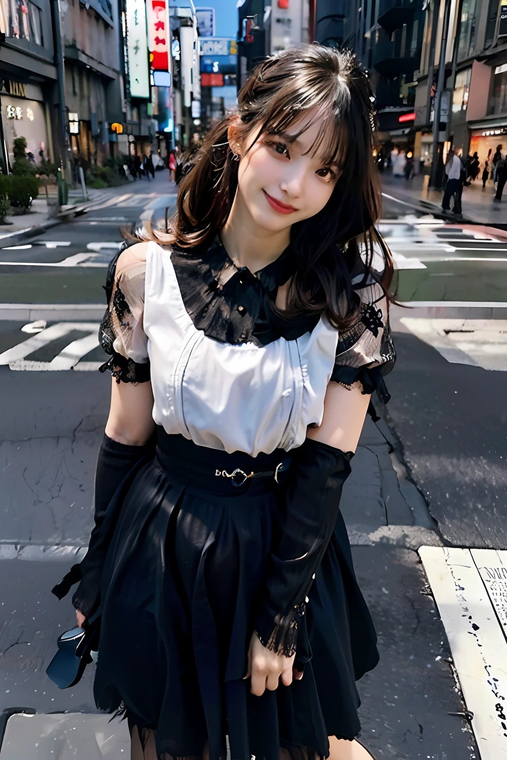 best quality, masterpiece, ultra high res, 8K, raw, (photo realistic:1.4), sharp focus, 1 girl, (detailed background:1.5), (tokyo street:1.3), full body, medium built, dynamic pose, cute,18yo, evil smile, big black eyes, medium breasts, black hair, detailed clothes