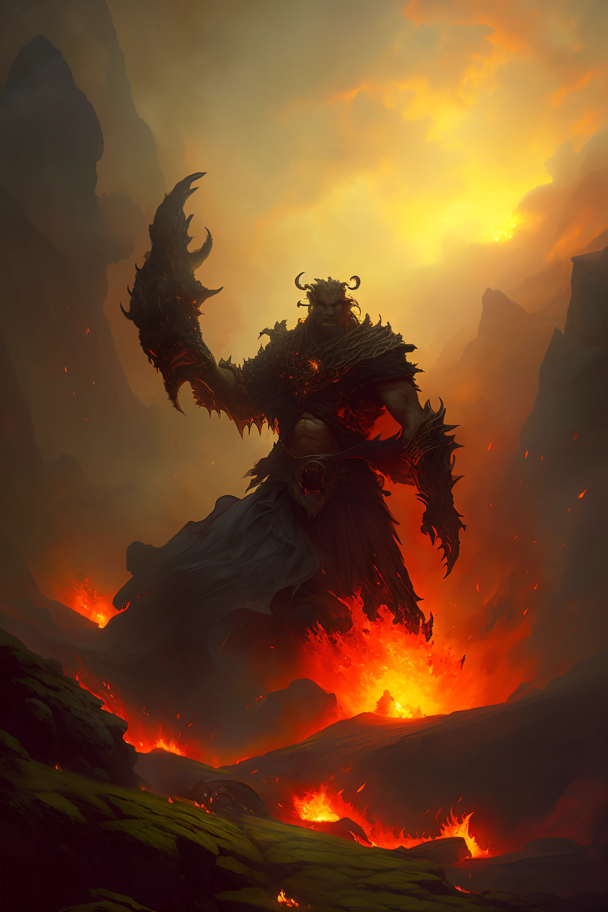 Portrait of a burning fire and lava demon by Byard Wu and Marc Simonetti and George Inness, Fantasy horror atmosphere
