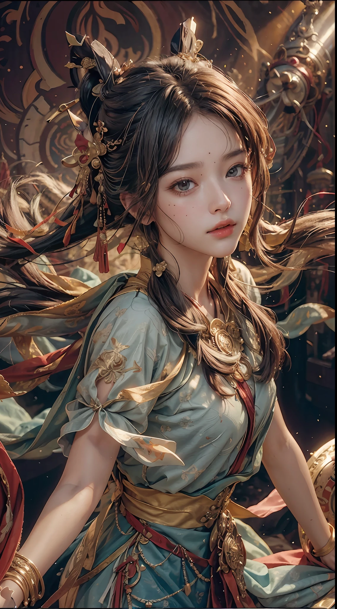 (RAW Photo, Best Quality), (Realistic, Photo Realistic: 1.3), Best Quality, Highly Detailed, Masterpiece, Ultra Detailed, Illustration, 1 Girl, upper_body, Dynamic Angle, World Mastery Theater, messy_long_hair, Best Quality, Extremely Detailed CG Unified 8k Wallpaper, Ink, Amazing, Movie Lighting, lens_flare, dunhuang_style, Beautiful Rendering of the Tang Dynasty, Desert, Oasis, (Flying pose: 1.2)