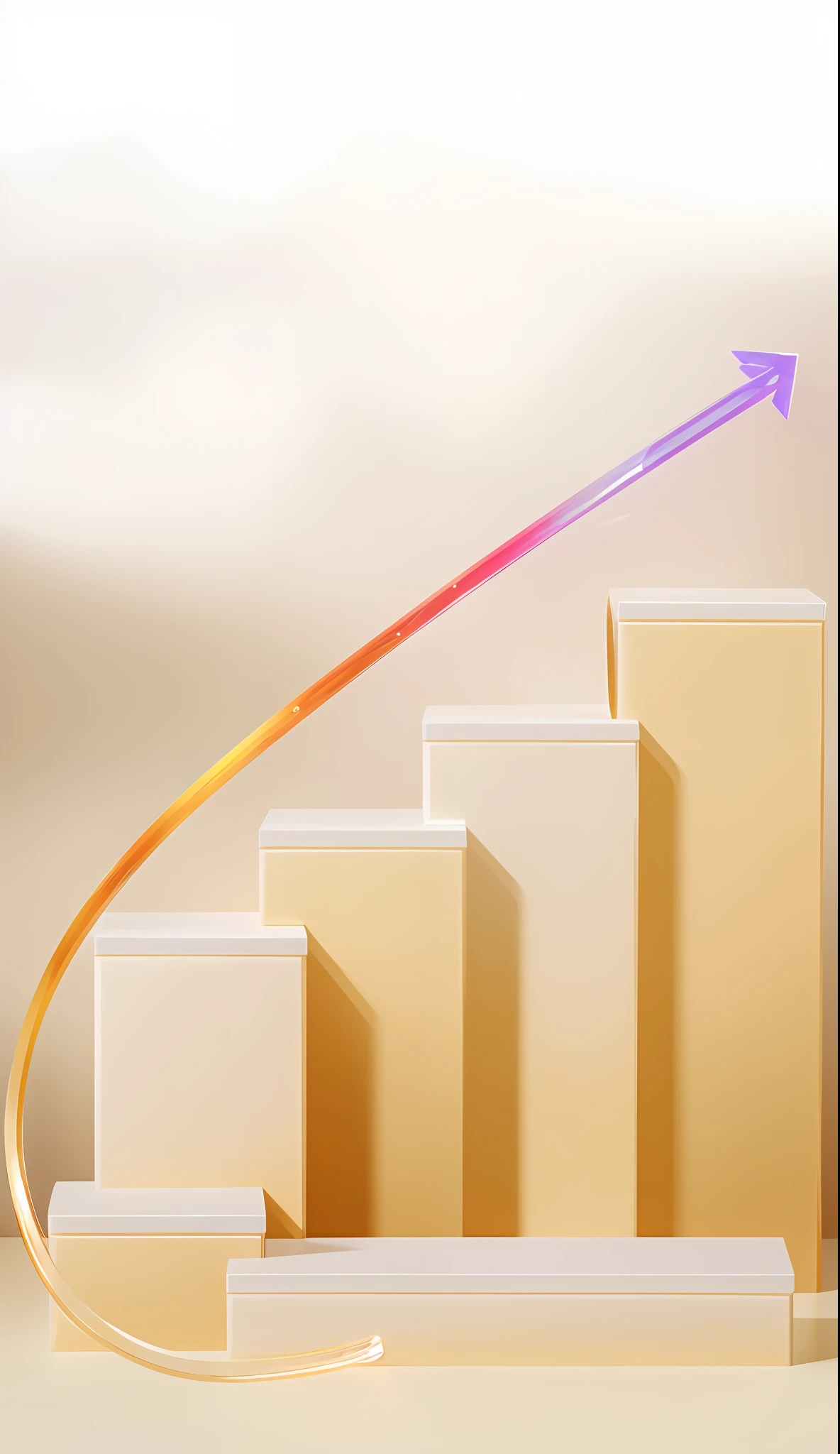 A colored glass arrow curved upwards, stacks of AI printer paper of different heights, a long platform, high-quality illustrations, artistic illustrations, eye horizontal view, height rendering