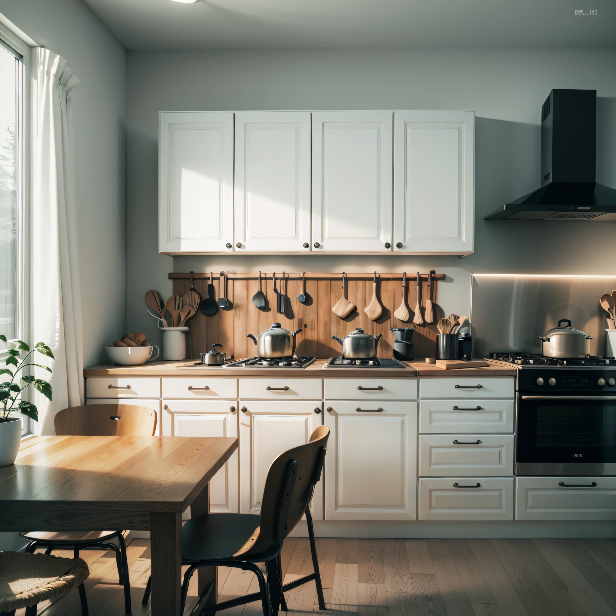 there is a kitchen with a table and chairs in it, house kitchen on a sunny day, bright window lit kitchen, old kitchen backdrop angled view, bright ambient lighting, inside a cluttered kitchen, small kitchen, kitchen, detailed natural lighting, rendered in corona, realistic afternoon lighting, clean render, hyper-realistic render, hyper - realistic render, in a kitchen