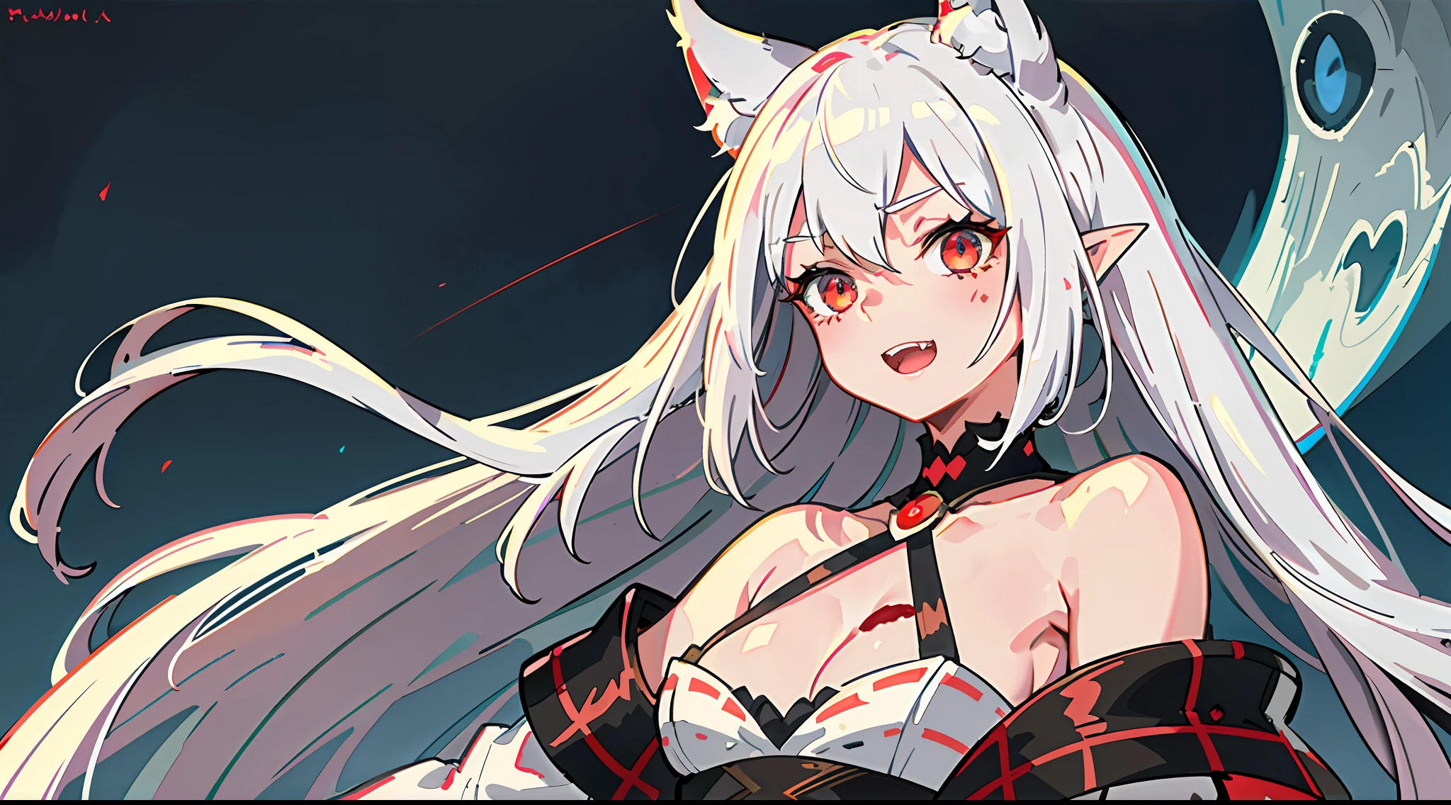 (1loli,solo focus:1.1), blood, 
Natural Volumetric Lighting And Best Shadows, Deep Depth Of Field, Sharp Focus,, upper body Of ,Stunningly Beautiful White Demon Girl, Soft Delicate Beautiful Attractive Face With Alluring Sharp Eyes, Black Sclera Red Iris, Lovely Small Breasts, Sharp Eyeliner, (From Below View:1.00), Vicious Grin, Open Mouth With Cute Fangs Out, Windswept Disheveled White Hair, Thick Layered Absurdly Long Hairstyles, Blush Eyeshadow With Thick Eyelashes, Parted Lips, Pale Skin, Pointy Ears, Handcuffs, Red Jewel, White Demon Wings And Black Cat Ears, White Bare Shoulders One-Piece Dress, (Standing Tall, Blue-ish White Aura:1.1), (Moon Over The Castle Panorama:1.15), (Highest Quality, Amazing Details:1.4), Masterpiece, Pastel, Picturesque, Professional Oil Paintings