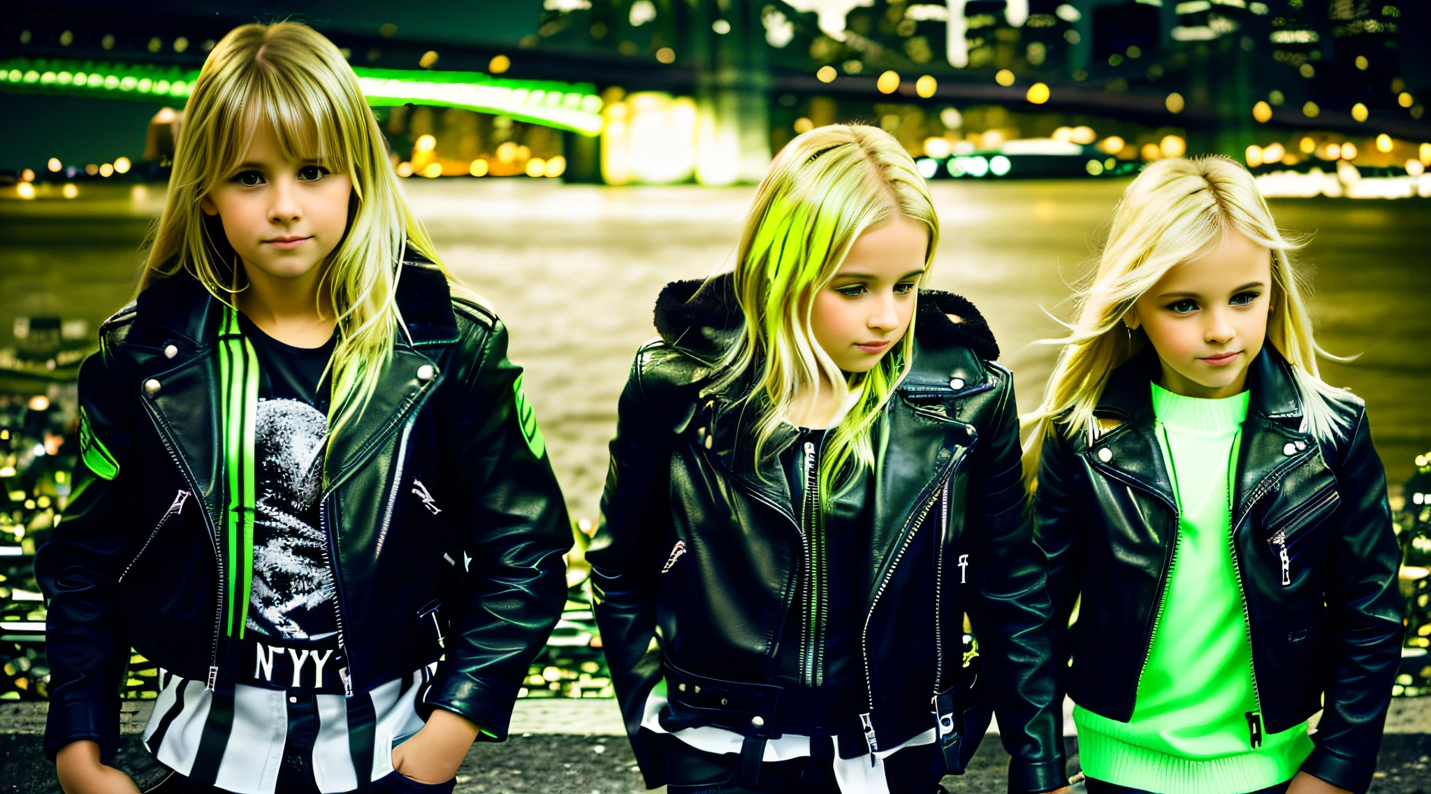 3 girls blonde children WITH STRAIGHT HAIR, BLACK LEATHER JACKET AND BLACK CLOTHING. PORTRAT STYLE, arafed image of a city skyline with a bridge and a green glow, detalized background of new york, green glow, ny, green glow, brooklyn background, green ambient light, new york background, new york city background, bright green, radioactive glow green, neon green, sickening green colors, gotham city background, new york city as a backdrop, New York
