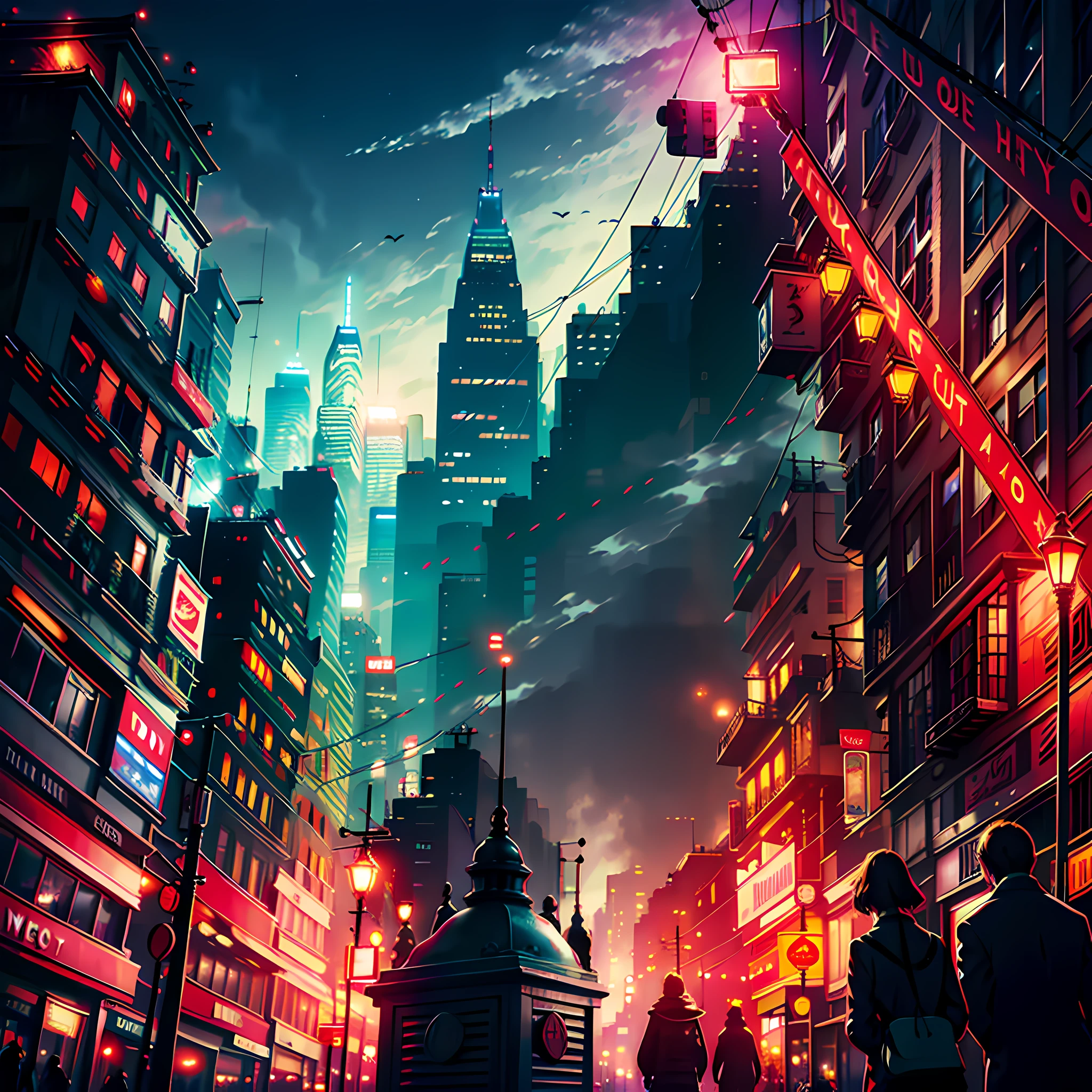Night in the city, red moon, there is energy flowing, energy fluttering, several people watching, bad premonition, scenery, there is energy flowing, highly real, 4K, chiaroscuro, super high detail Waiting to start Waiting for it to start