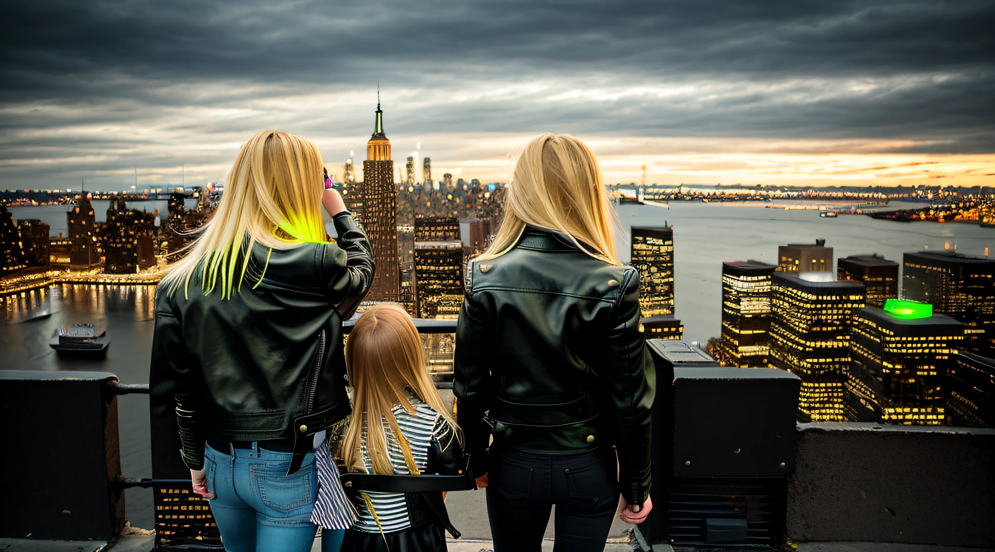 3 girls blonde children WITH STRAIGHT HAIR, BLACK LEATHER JACKET AND BLACK CLOTHING. PORTRAT STYLE, arafed image of a city skyline with a bridge and a green glow, detalized background of new york, green glow, ny, green glow, brooklyn background, green ambient light, new york background, new york city background, bright green, radioactive glow green, neon green, sickening green colors, gotham city background, new york city as a backdrop, New York
