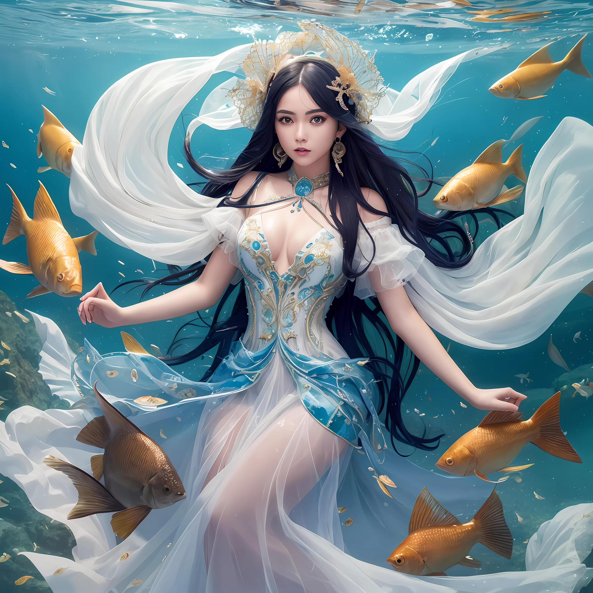 Girl, the legend of the sea beautiful woman, Dressed, fancy dress, full body, in the sea, surrounded by fish, beautiful face, detailed dress, detailed body, detailed face, 8k, luxurious smell, magic, White shirt with accents mixed with orange blue, jet black hair, pale skin, Clothes are not open