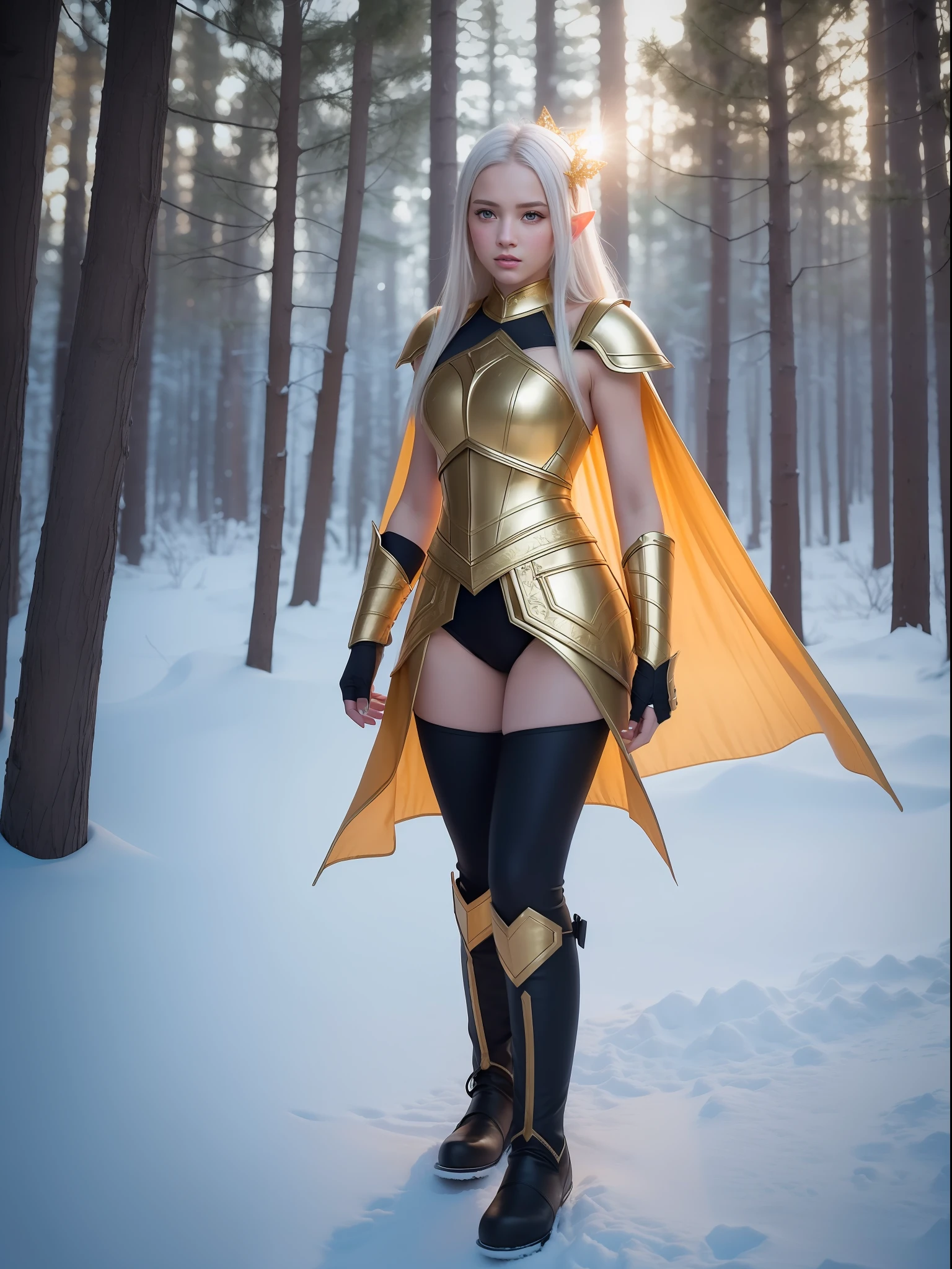 Akaction Shots Adorable youthful elf female knight, wearing gold armor on upper body, leggings and boots on lower body, colorful color, cute, dazzling, colorful, gorgeous, elaborate, vivid, moving, glamorous full body, mysterious, majestic, majestic, intricate details, forest glade, bright background, surreal photo style, realistic 4k, photography, 3D neon lights, Epic Compositing Unreal Engine, Cinematic, Color Grading, HD, Natural Light, Realistic, 20mm Lens, f/1.2, Accent Octane Rendering, 4K (Raw Photo: 1.2), (Photorealistic: 1.4), (Best Quality: 1.4), (Ultra High Resolution: 1.2), (Very Detailed: 1.3), (HDR: 1.2), ( Cinematic Lighting: 1.3), (Detailed Eyes), (Detailed Faces), (Snow Background: 1.2), Standing Pose, (3/4 Portrait: 1.2), (Adorable: 1.2), (Staring at the Beholder), (Innocent Expression), (Soft Lighting), (Dreamy), (Fantasy-like: 1.3), (Ethereal:1.3), (Magical:1.2), (Snowflake: 1.2), ( Winter Wonderland: 1.3), (Whimsy: 1.2), (Playfulness: 1.2).