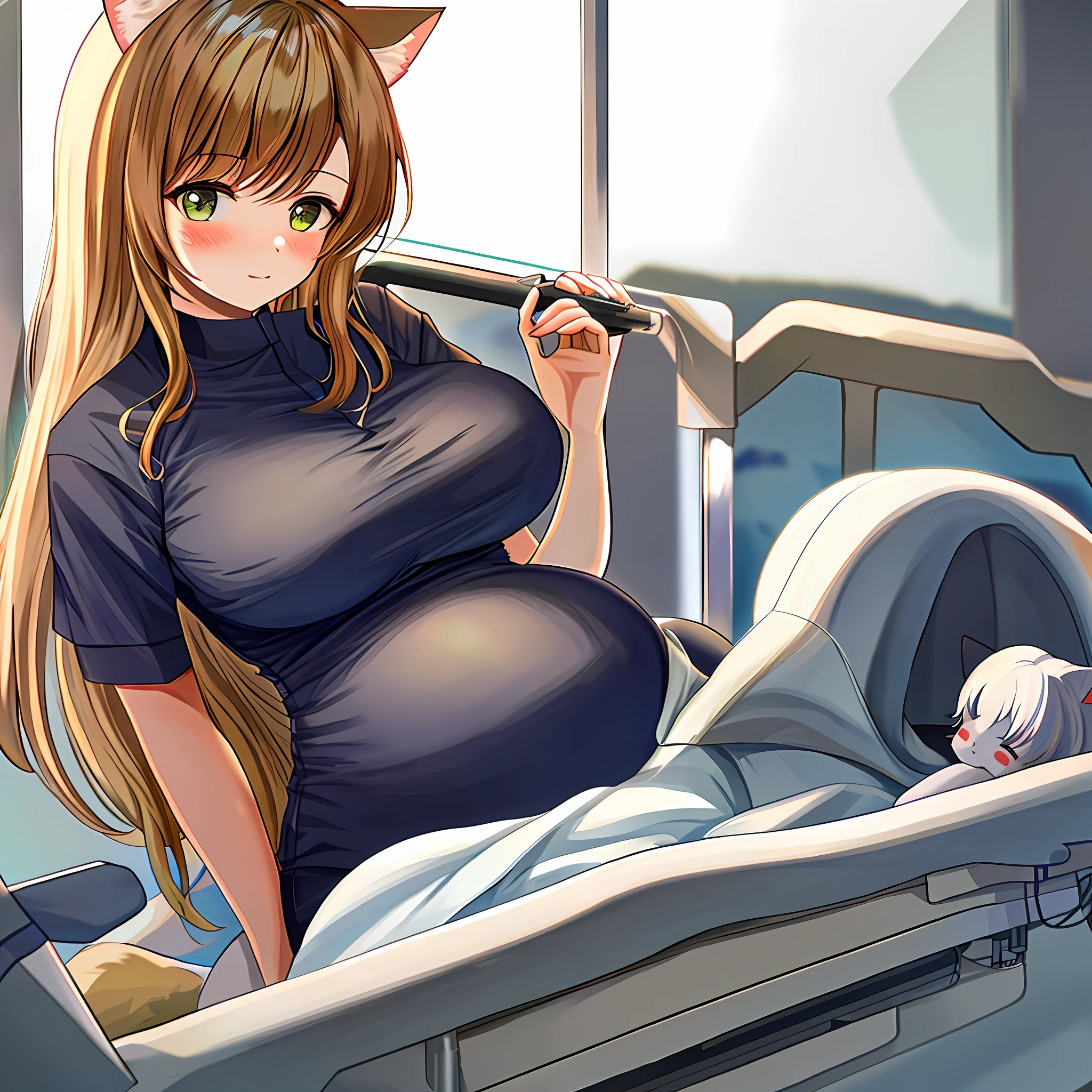 a pregnant catgirl wearing maternity suit laying in hospital bed while waiting to give birth