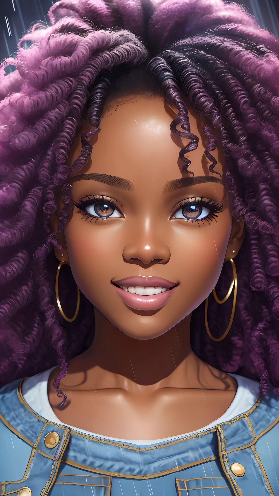 realistic portrait of beautiful 9 month old afro-futuristic baby girl ((dark skin color)) eating fruit, ((chibi)), cute smile, ((in the rain)), wearing purple plain t-shirt and jeans, current fashion, mega hair long curly hair, ((kanekalon)), (cinematic contour lighting), close-up, product preview, detailed facial details, perfect face, sharpness, trend art, sharp facial details, cgsociety , very high digital art quality, exquisite hyperdetail, 4k, 3D, 8k soft lighting, dreamy  fashion --auto --s2