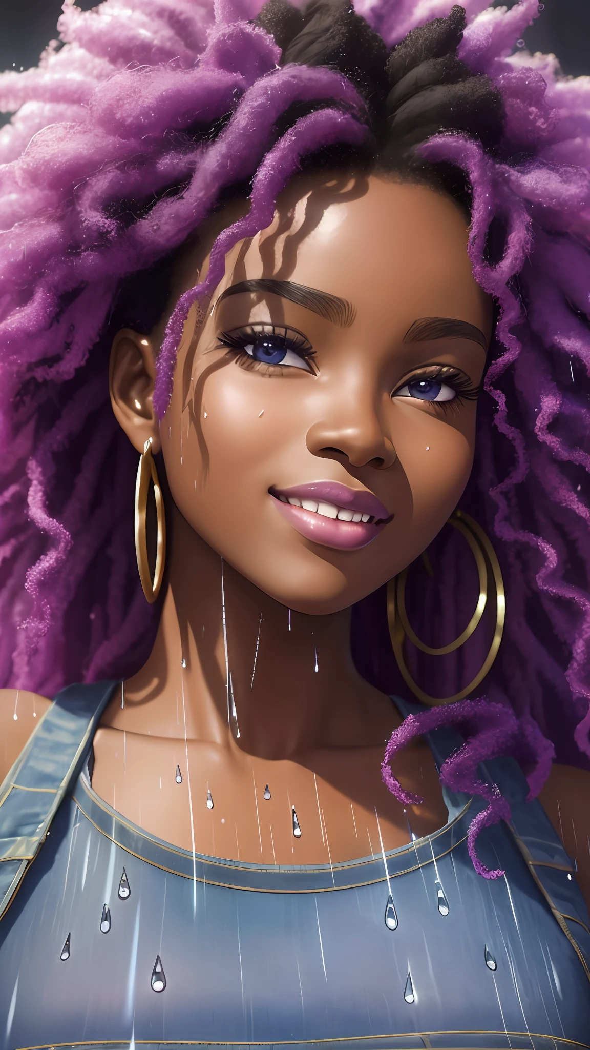 realistic portrait of beautiful 9 month old afro-futuristic baby girl ((dark skin color)) eating fruit, ((chibi)), cute smile, ((in the rain)), wearing purple plain t-shirt and jeans, current fashion, mega hair long curly hair, ((kanekalon)), (cinematic contour lighting), close-up, product preview, detailed facial details, perfect face, sharpness, trend art, sharp facial details, cgsociety , very high digital art quality, exquisite hyperdetail, 4k, 3D, 8k soft lighting, dreamy fashion --auto --s2