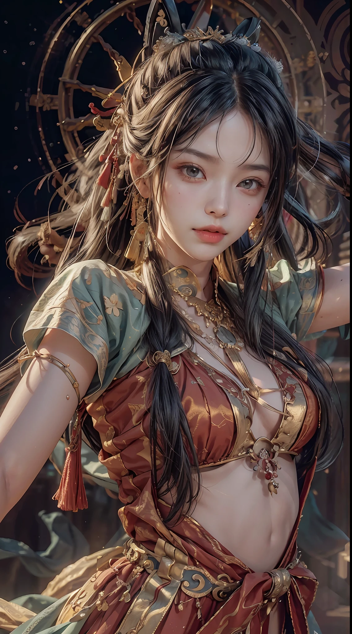 (RAW Photo, Best Quality), (Realistic, Photo Realistic: 1.3), Best Quality, Highly Detailed, Masterpiece, Ultra Detailed, Illustration, 1 Girl, upper_body, Dynamic Angle, World Mastery Theater, messy_long_hair, Best Quality, Extremely Detailed CG Unified 8k Wallpaper, Ink, Amazing, Cinematic Lighting, lens_flare, dunhuang_style, Beautiful Rendering of the Tang Dynasty, (Desert: 1.2), (Flying Pose: 1.2)
