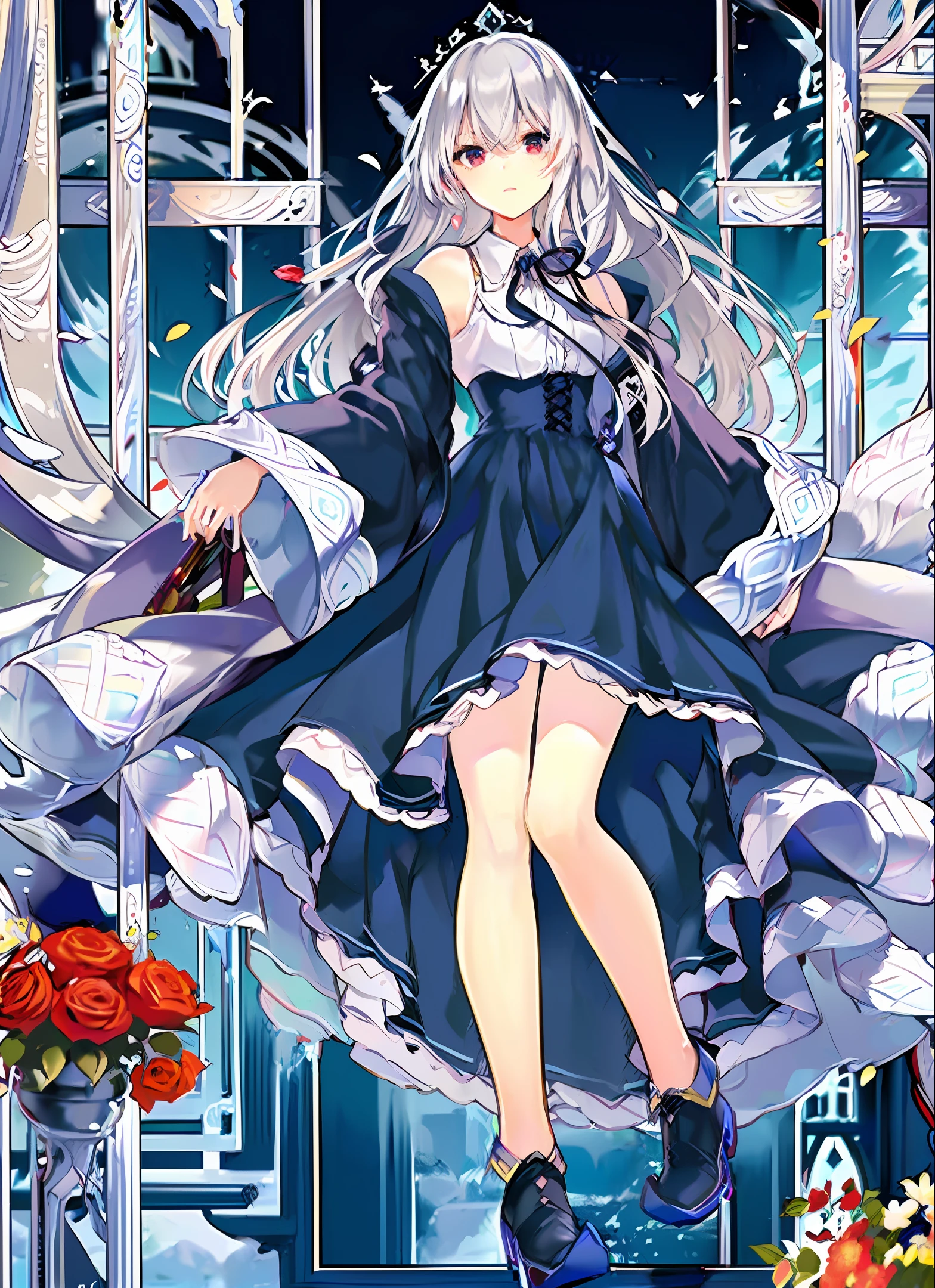 ((Masterpiece)), ((Best Quality), (Super Detail), (Illustration), ((Very Delicate and Beautiful)), (Dynamic Angle), 1girl, Flower, Spring, Next to the window, Roses, Very Long Hair, Detailed Face, Long Eyelashes, Eye Flower, Ruffled Sleeves,Silver Hair, Corset, Tiara, Princess, Red Eyes, Wide-Eyed, Clear Sky, Sunlight, Sunny, AI SB, ( dark blue dress: 1.4), roses, black hair, patterned clothes, (low gothic: 1.2), platform heels, dark blue thighs,