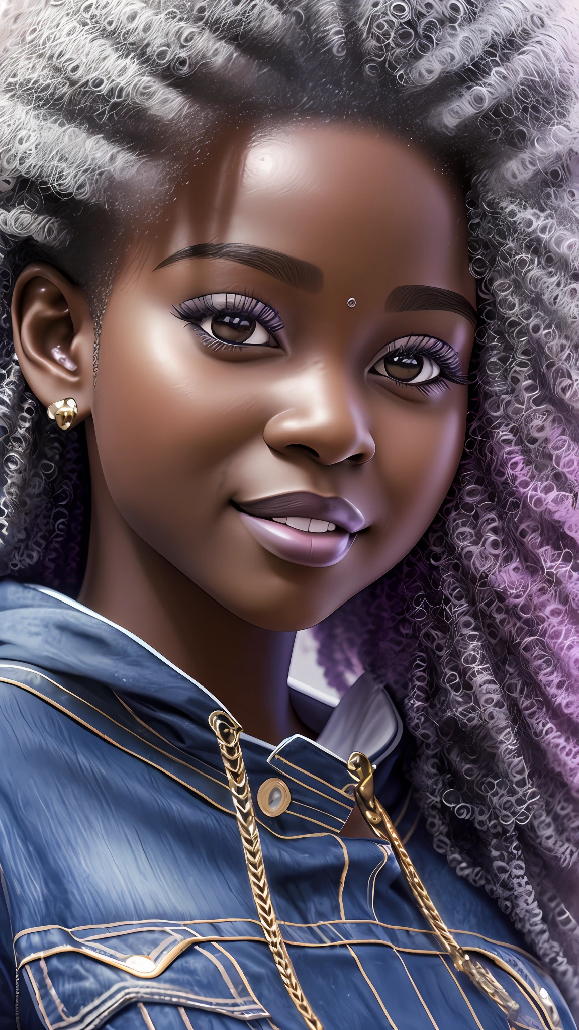 realistic portrait of beautiful 9 month old afro-futuristic baby girl ((dark skin color)) eating fruit, ((chibi)), cute smile, ((in the rain)), wearing purple plain t-shirt and jeans, current fashion, mega hair long curly hair, ((kanekalon)), (cinematic contour lighting), close-up, product preview, detailed facial details, perfect face, sharpness, trend art, sharp facial details, cgsociety , very high digital art quality, exquisite hyperdetail, 4k, 3D, 8k soft lighting, dreamy fashion --auto --s2
