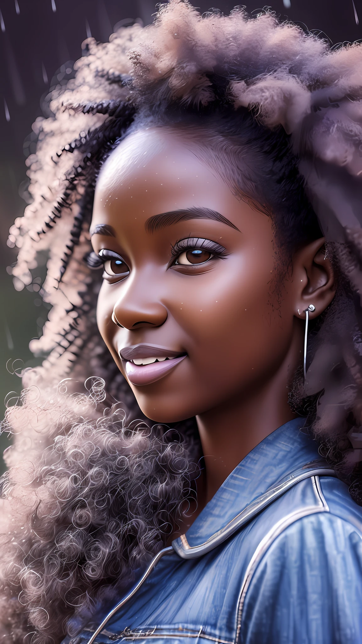 realistic portrait of beautiful 9 month old afro-futuristic baby girl ((dark skin color)) eating fruit, ((chibi)), cute smile, ((in the rain)), wearing purple plain t-shirt and jeans, current fashion, mega hair long curly hair, ((kanekalon)), (cinematic contour lighting), close-up, product preview, detailed facial details, perfect face, sharpness, trend art, sharp facial details, cgsociety , very high digital art quality, exquisite hyperdetail, 4k, 3D, 8k soft lighting, dreamy fashion --auto --s2
