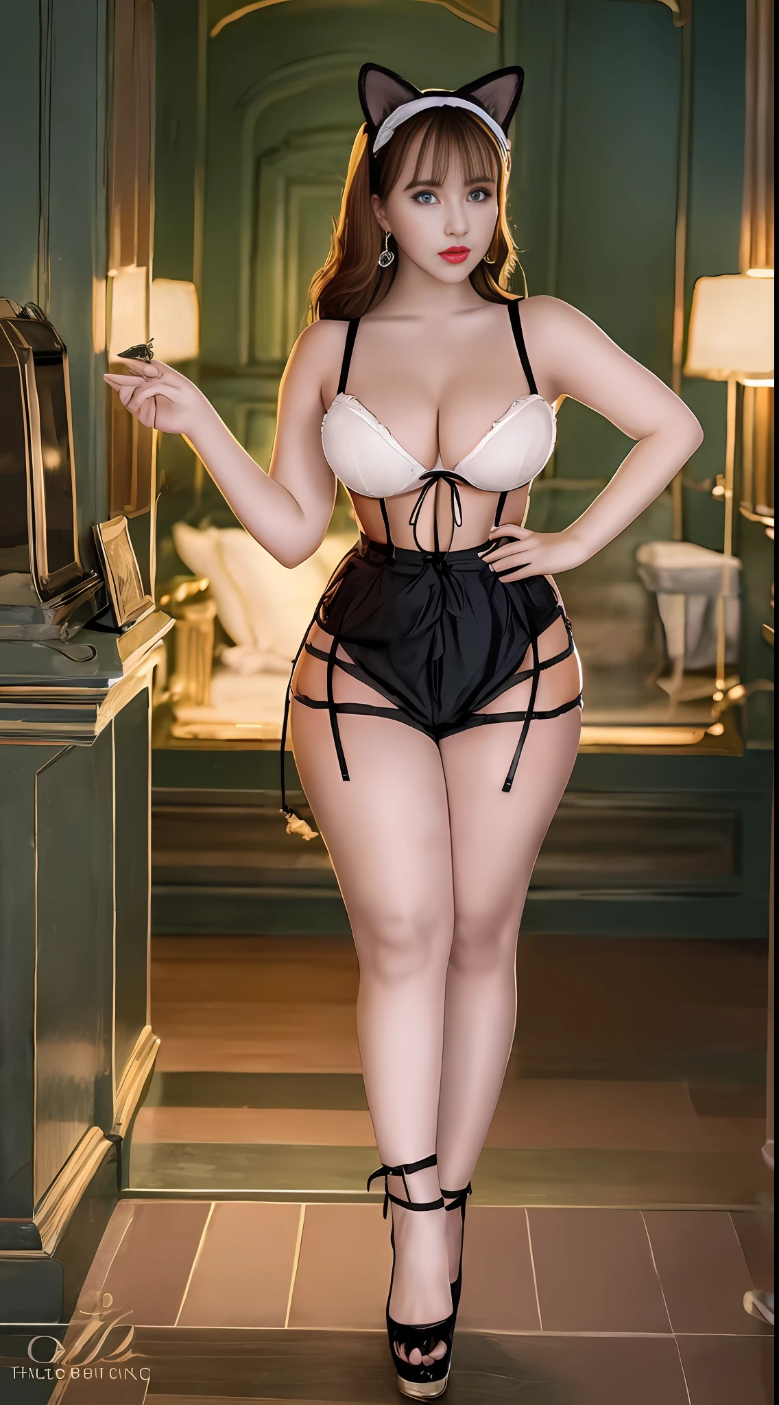 A beautiful beauty, royal sister Fan, translucent suspender shorts, short bag skirt, pajamas, soft fabric, high heels, cat ears, long legs, slightly fat, sexy plump, full body, night, dark lighting, retro style interior, dark picture, dark tone painting style