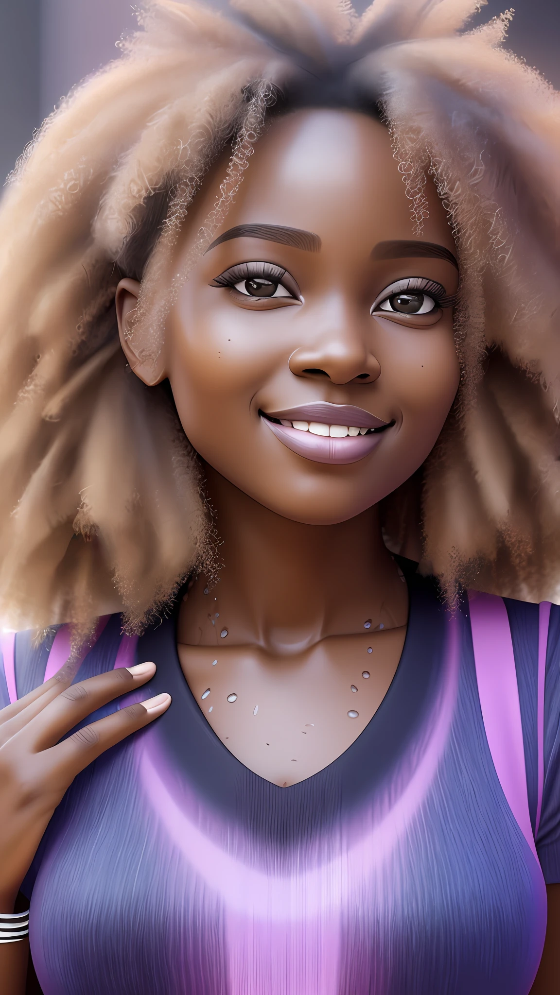 realistic portrait of beautiful 9 month old afro-futuristic baby girl ((dark skin color)) eating fruit, ((chibi)), cute smile, ((in the rain)), wearing purple plain t-shirt and jeans, current fashion, mega hair long curly hair, ((kanekalon)), (cinematic contour lighting), close-up, product preview, detailed facial details, perfect face, sharpness, trend art, sharp facial details, cgsociety , very high digital art quality, exquisite hyperdetail, 4k, 3D, 8k soft lighting, dreamy  fashion --auto --s2