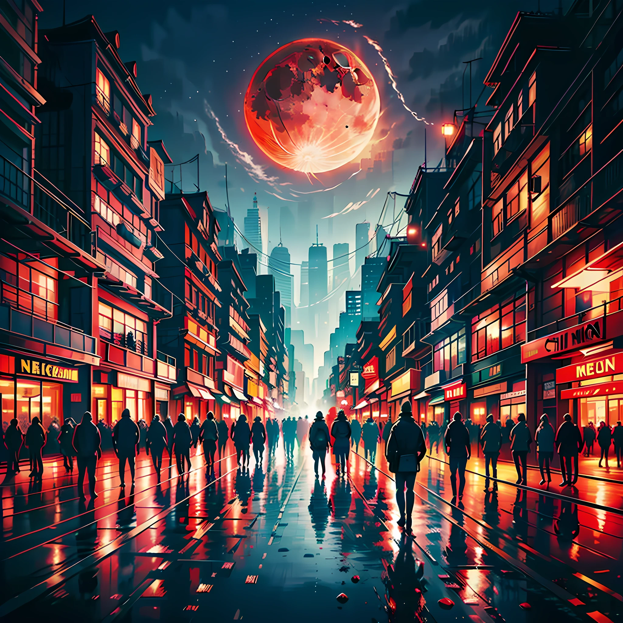 The night of the city, the red moon, there is energy flowing, energy is fluttering, there are several people watching, very confused, bad premonition, scenery, there is energy flowing, highly real, 4K, chiaroscuro, super high detail Waiting to start Waiting for the start Waiting for the start