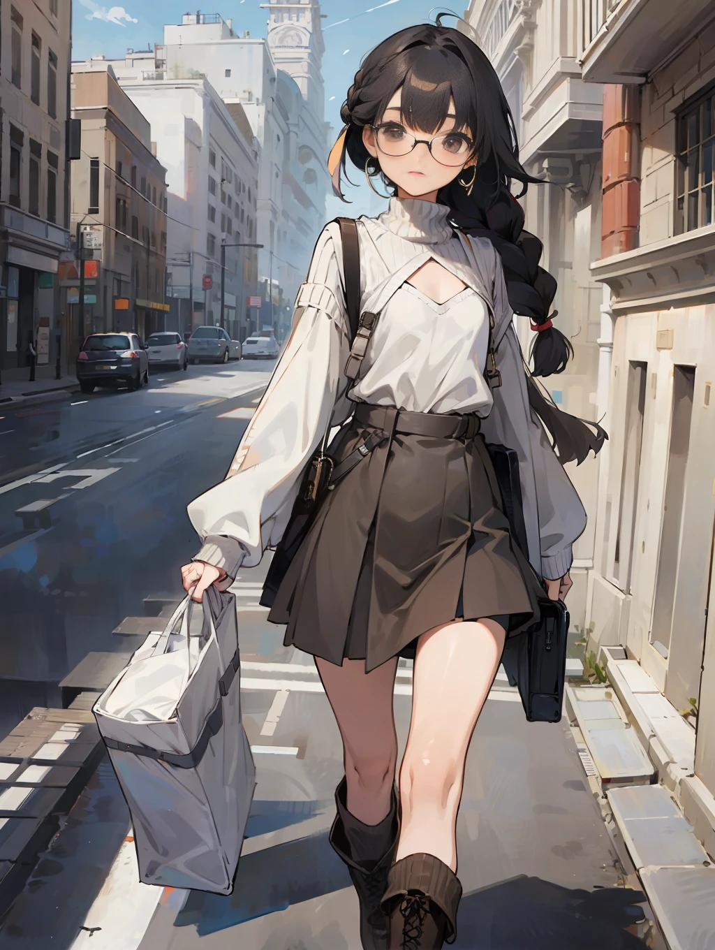 masterpiece, best quality, solo, 1girl, , A_high_point_with_a_view_of_the_sky_and_surrounding_area,, grey_cable_knit_sweater, navy_black_midi_skirt, white_knee-high_boots, silver_hoop_earrings, brown_shoulder_bag,girl, (((flat chest))), slender waist, black hair, brown eyes, braid, bangs, glasses ,