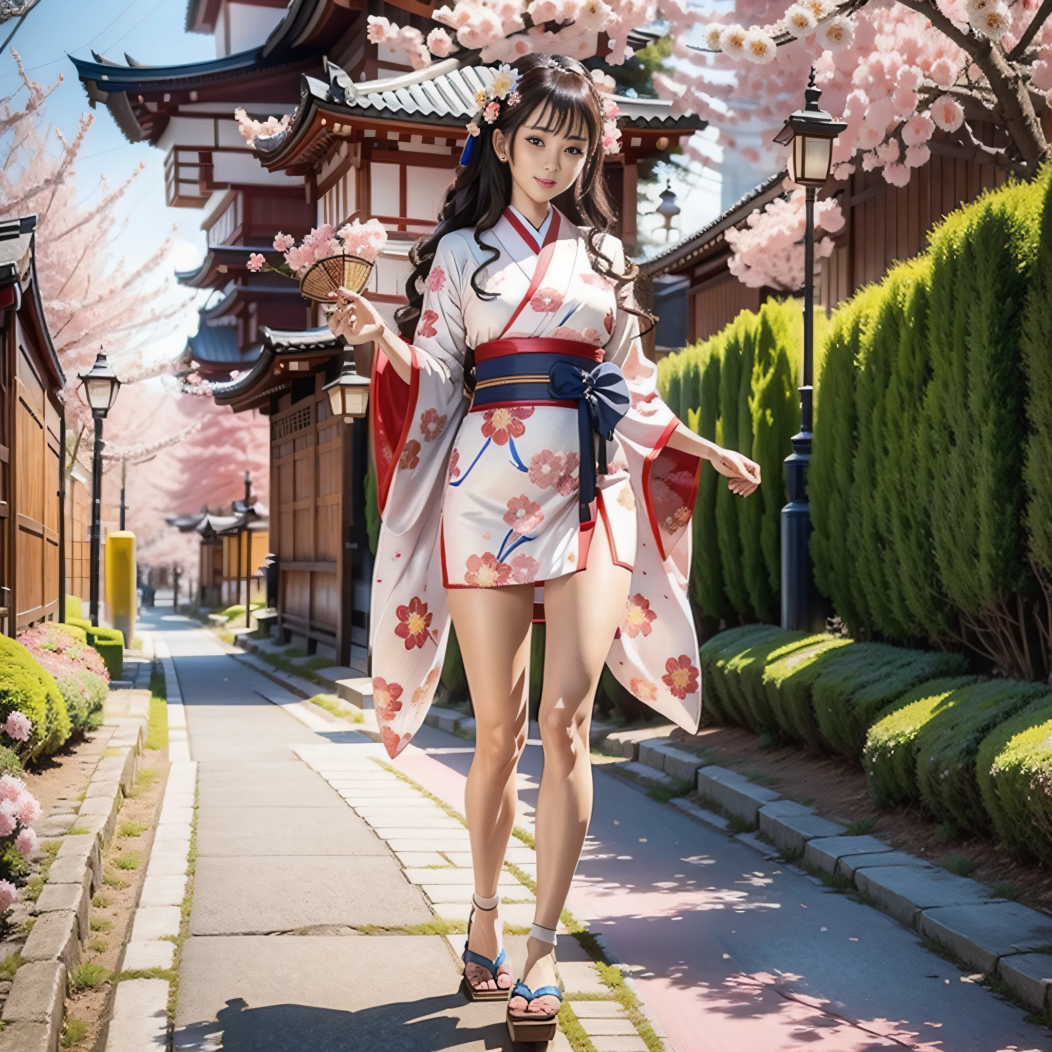 full body,full shot,sfw,beautiful russian: 2 girl in the image of geisha with big bright blue eyes and long fluffy eyelashes of Nordic type with perfect graceful figure and very long and fluffy wavy wheat-colored hair stands full-length on the alley on the background of blooming Japanese pink sakura wearing Japanese kimono and Japanese gate shoes, girl's kimono is lacy with intricate patterns, Little bosom with bulges shines through, the ground where the girl is standing is strewn with sakura petals, the scene is highly artistic, high resolution, clear focus, artistic style Migjorni-V5, hyperphotorealism, perfect proportions, golden ratio, highlight, outline, sunlight, soft glow, soft focus, photography style Monocle.
