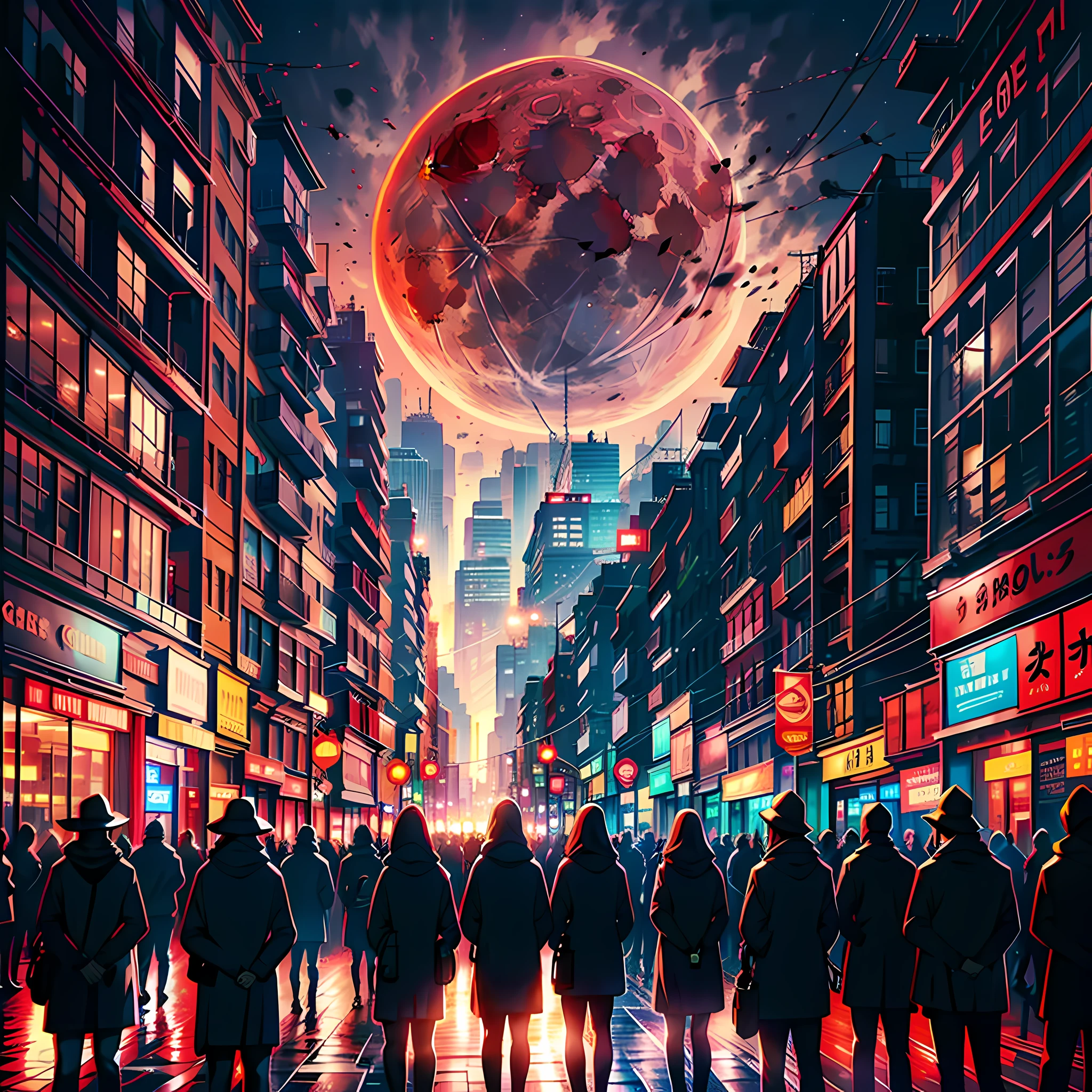 The night of the city, the red moon, there is energy flowing, energy is fluttering, there are several people watching, very confused, bad premonition, scenery, there is energy flowing, highly real, 4K, chiaroscuro, super high detail Waiting to start Waiting for the start Waiting for the start