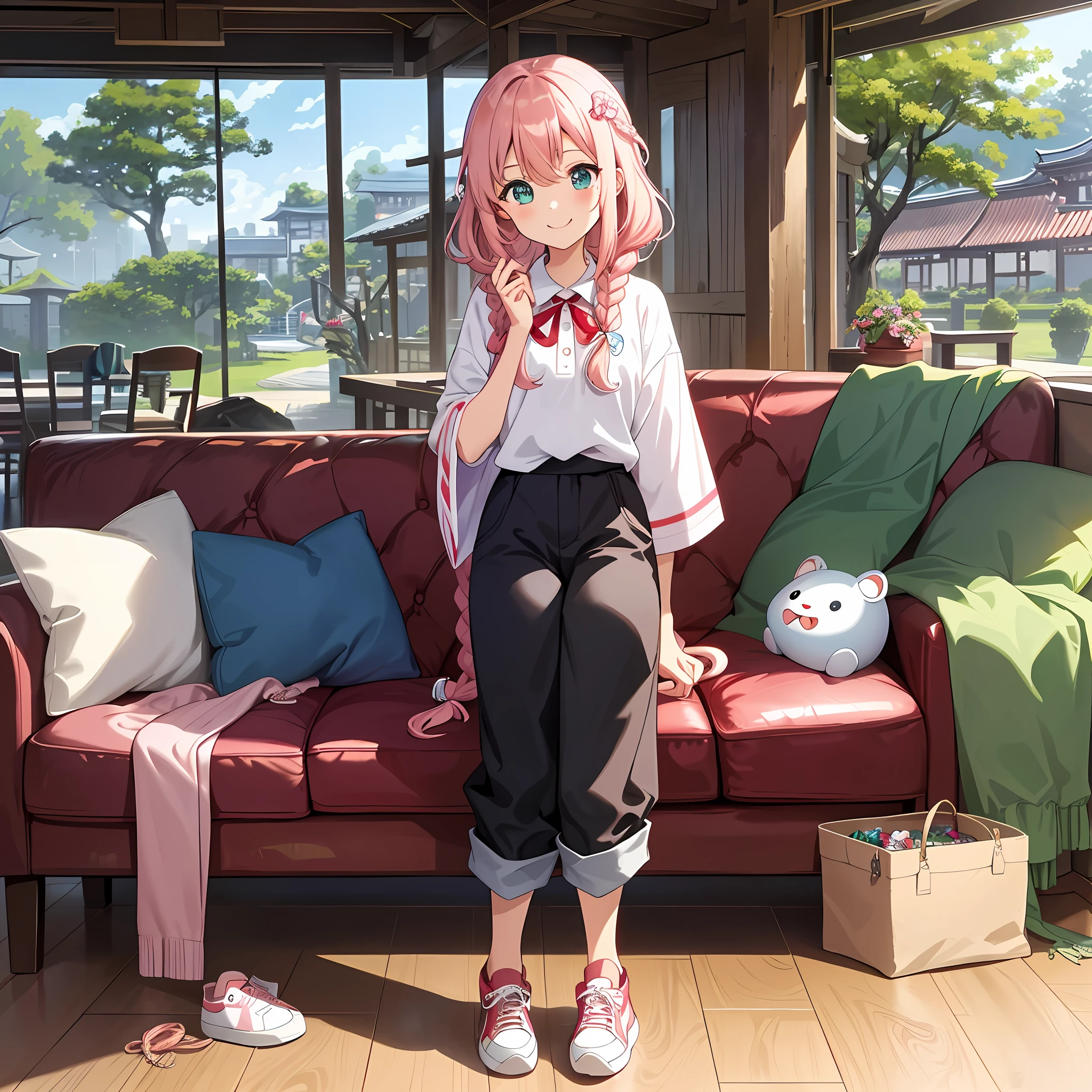 Masterpiece, highest quality, (heterochromia, blue and green eyes: 1.8), shining eyes, (illustration: 1.1), (Chibi: 0.5), (((Masterpiece, Super Detail, Best Quality, 8K, Kyoto Animation Anime Illustration)), (caregiver, one cute girl, solo, leaning forward, piece, Watch viewer, full body, front, cute mouth open, happy smile: 1.3), (loli: 1.2), (cute: 1.5), (red short-sleeved polo shirt and tanned long pants, large trousers, graphic print, loose blouse: 1.5), (footwear: sneakers), (pale pink hair, braid, long hair, umbrella hair ornament, cute ribbon: 1.1), thin eyebrows, Large wooden flooring room, large sofa, elderly people in the back