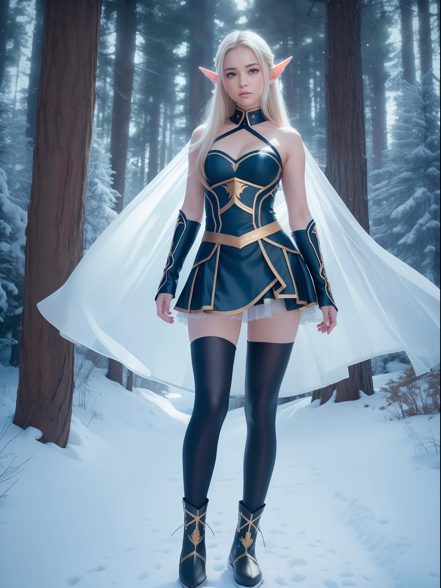 Akaction Shots Adorable youthful elf female knight, wearing gold armor on upper body, leggings and boots on lower body, colorful color, cute, dazzling, colorful, gorgeous, elaborate, vivid, moving, glamorous full body, mysterious, majestic, majestic, intricate details, forest glade, bright background, surreal photo style, realistic 4k, photography, 3D neon lights, Epic Compositing Unreal Engine, Cinematic, Color Grading, HD, Natural Light, Realistic, 20mm Lens, f/1.2, Accent Octane Rendering, 4K (Raw Photo: 1.2), (Photorealistic: 1.4), (Best Quality: 1.4), (Ultra High Resolution: 1.2), (Very Detailed: 1.3), (HDR: 1.2), ( Cinematic Lighting: 1.3), (Detailed Eyes), (Detailed Faces), (Snow Background: 1.2), Standing Pose, (3/4 Portrait: 1.2), (Adorable: 1.2), (Staring at the Beholder), (Innocent Expression), (Soft Lighting), (Dreamy), (Fantasy-like: 1.3), (Ethereal:1.3), (Magical:1.2), (Snowflake: 1.2), ( Winter Wonderland: 1.3), (Whimsy: 1.2), (Playfulness: 1.2).