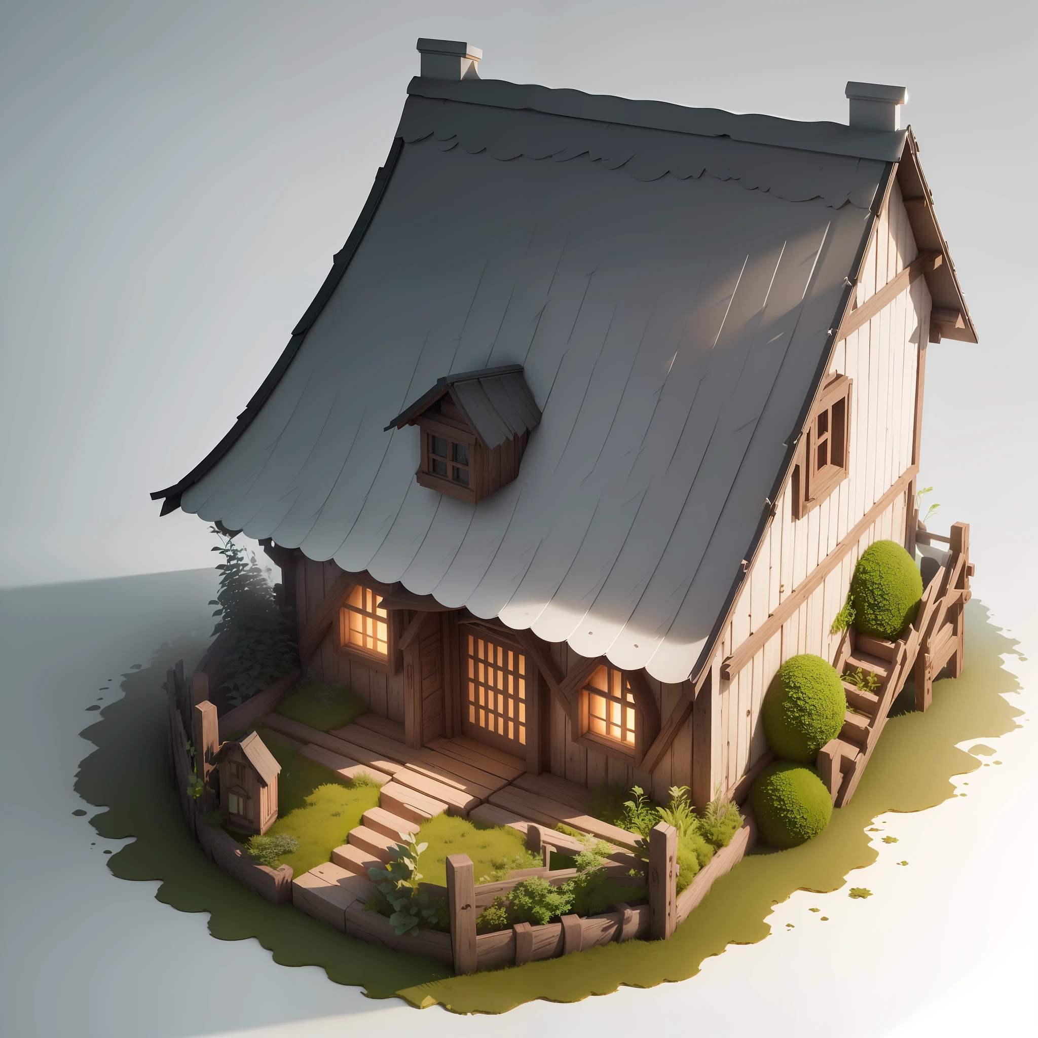 sometric House, pure white background, (isometric 3D), (masterpiece), (very detailed CG unity 8k wallpaper), (best quality), (best illustration), (best shadows), a lovely, Mossy round turnip hut, octane rendering, ray traced, super detailed