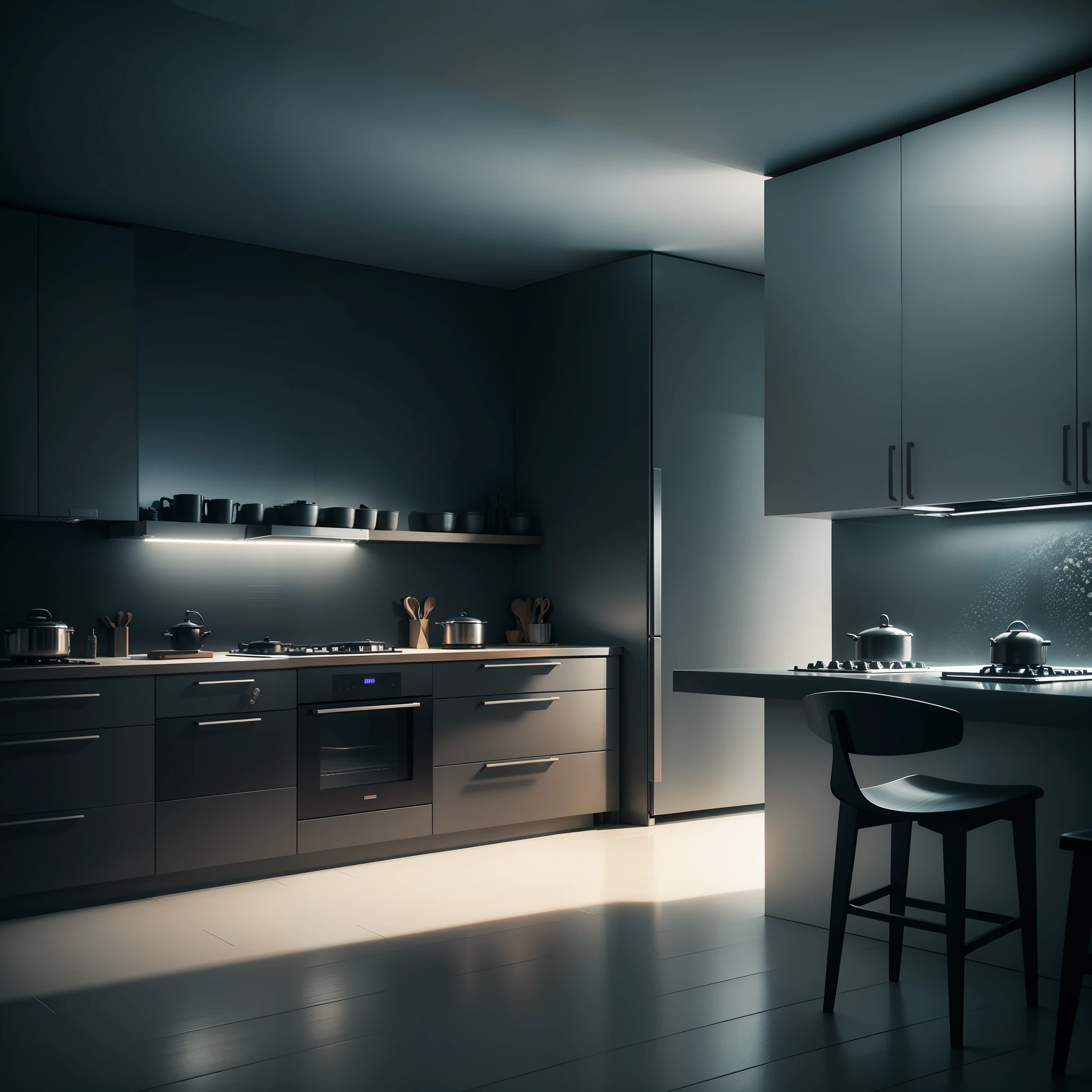 Simple kitchen, night background, ultra hd, surreal, gloomy contrast, wide angle, realistic style, high resolution, ray tracing, high detail, ray tracing, 8k --auto --s2