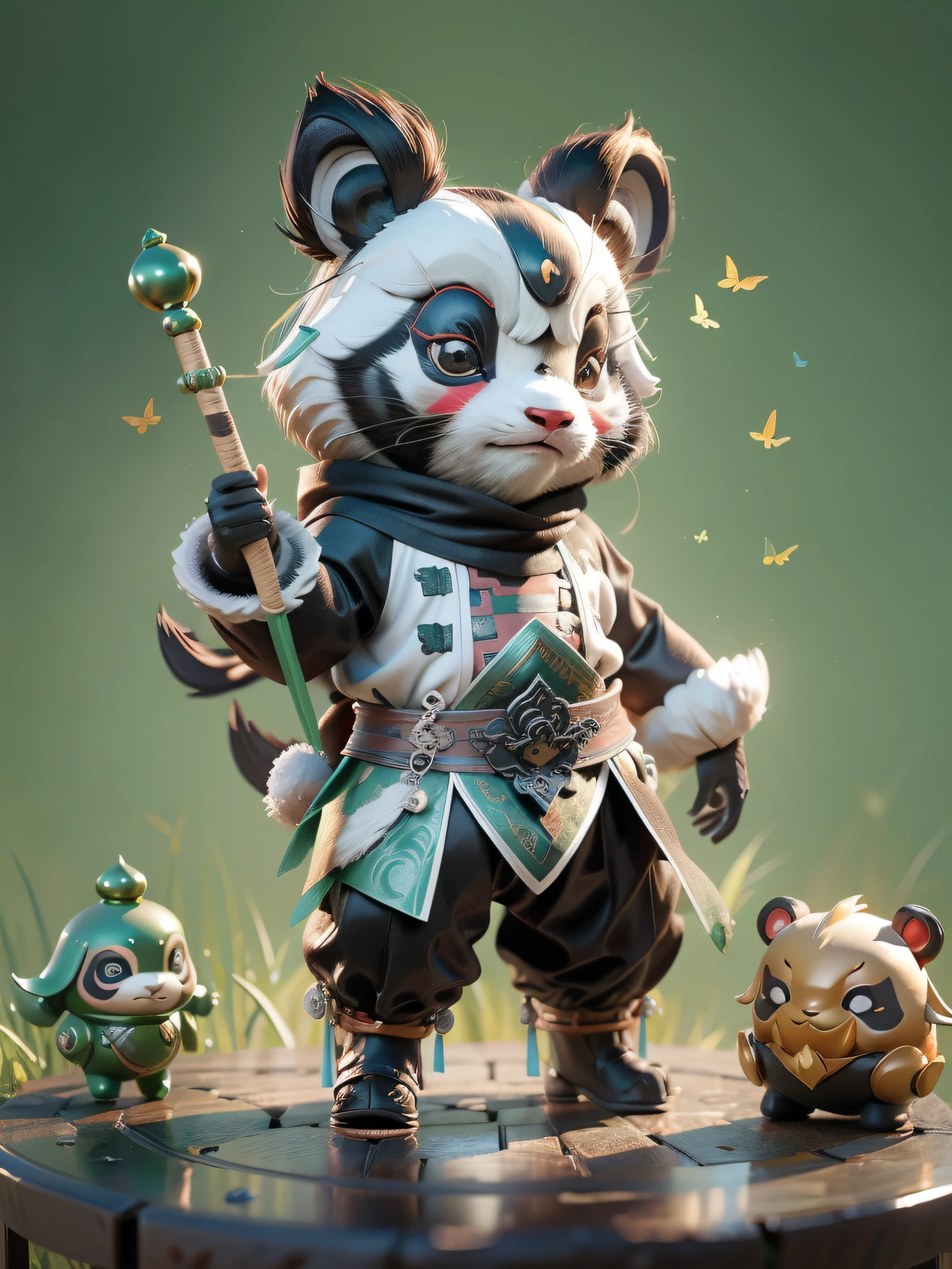 full body, chibi, front, fashion toy, paobaotang style, ancient chinese mythological panda, black and white color scheme, kung fu panda, chivalrous panda with bamboo, dark green bamboo, trend, cool, model, blind box toy, ip, pop bazaar, shiny material, shiny, simple premium color scheme, white clean background, 3D, octane, best quality, C4D, OC effect, pinterest, super detail