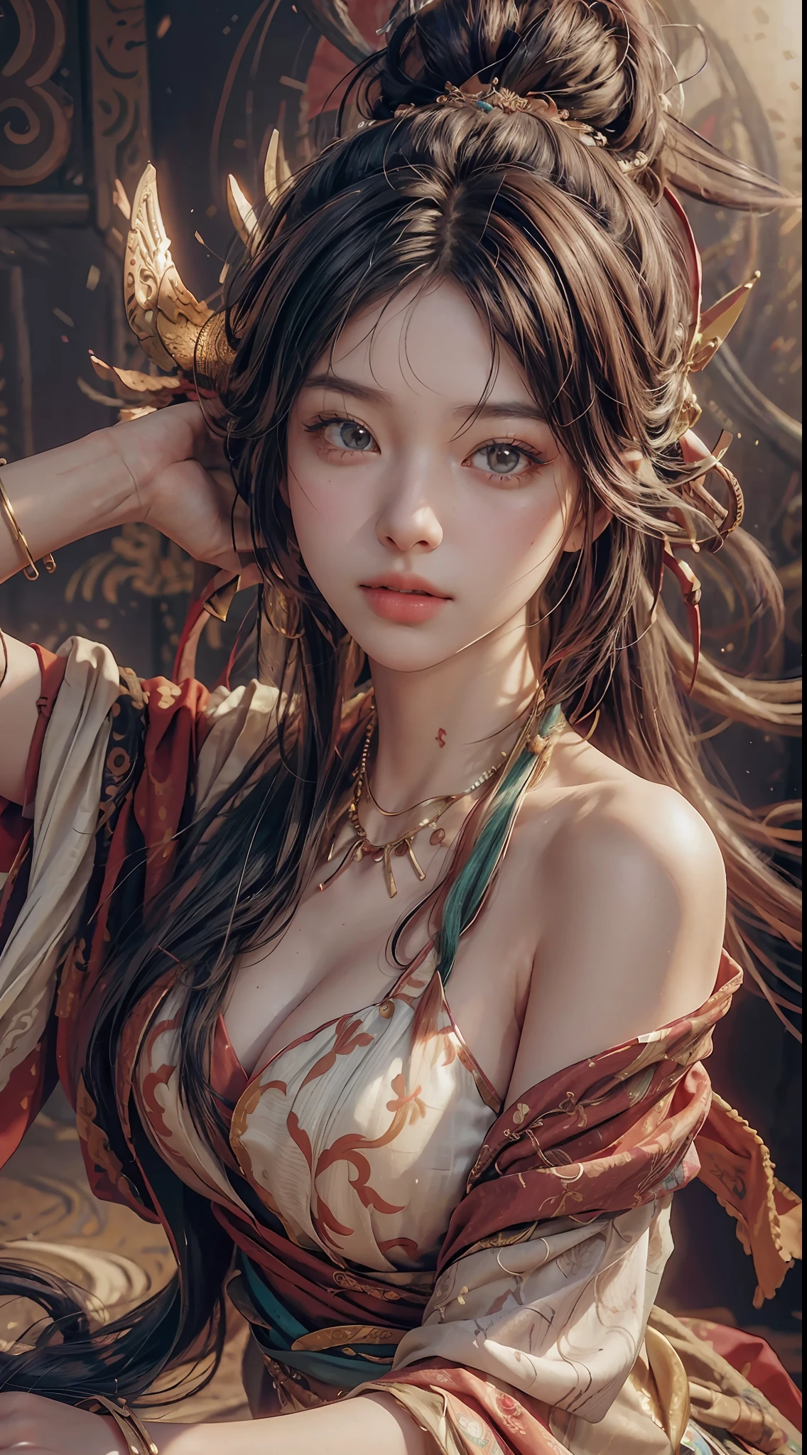 (RAW Photo, Best Quality), (Realistic, Photo Realistic: 1.3), Best Quality, Highly Detailed, Masterpiece, Ultra Detailed, Illustration, 1 Girl, upper_body, Dynamic Angle, World Mastery Theater, messy_long_hair, Best Quality, Extremely Detailed CG Unified 8k Wallpaper, Ink, Amazing, Cinematic Lighting, lens_flare, dunhuang_style, Beautiful Rendering of the Tang Dynasty, (Desert background: 1.2), (Flying pose: 1.2)