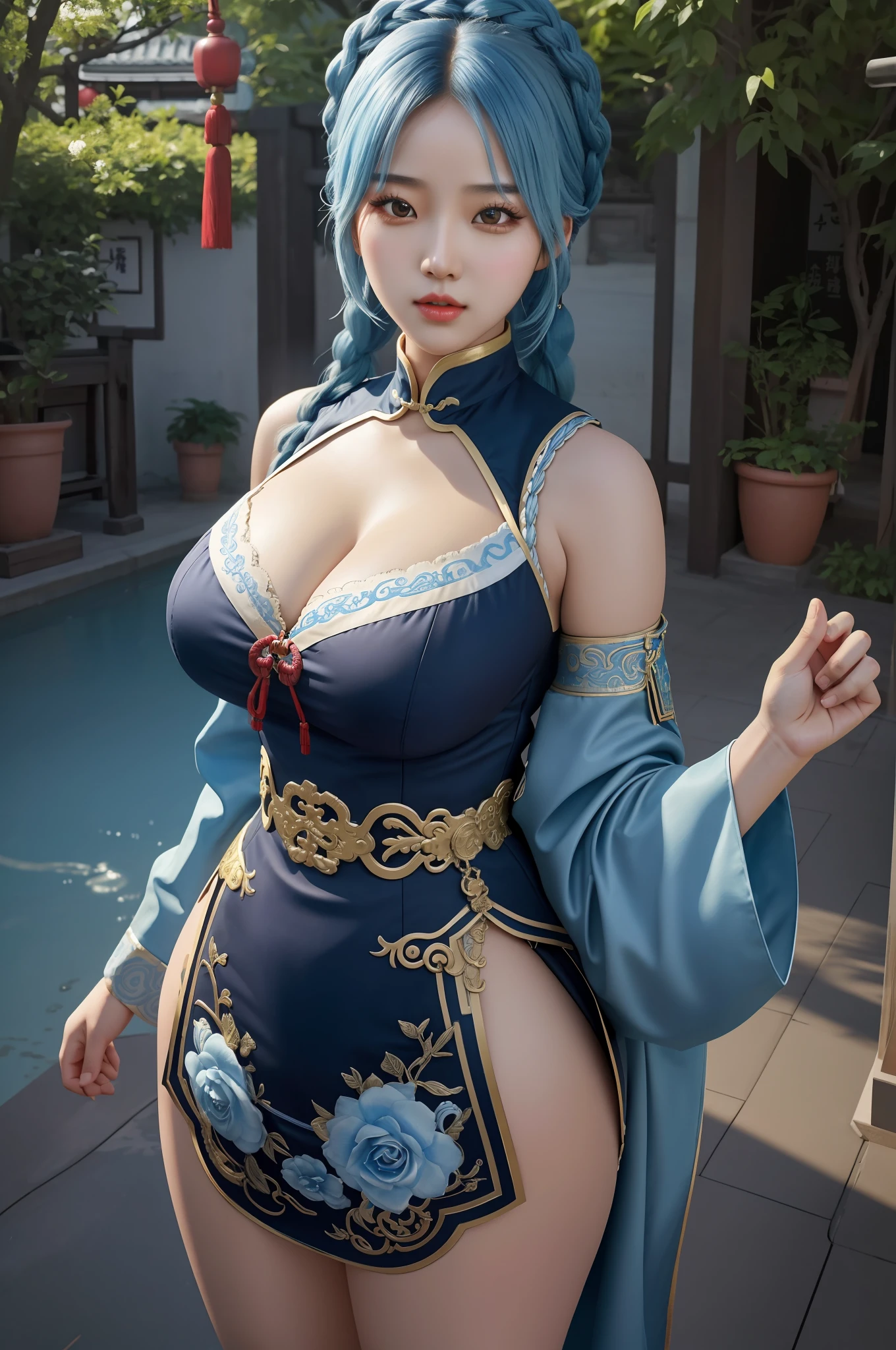 An Idol k-pop girl, cute girl, sexy girl, braid hair, light blue colored hair, intricate face details, detailed face, golden ratio face, big breast, big butt, big hip, big thighs, full body, wearing red áo dài, China garden background, 64K, UHD, HDR, high quality, high detailed, hyper detailed, photo realistic, ultra realistic, art photo, clarify the details, detailed parts body, intricate artwork masterpiece, trending on artstation