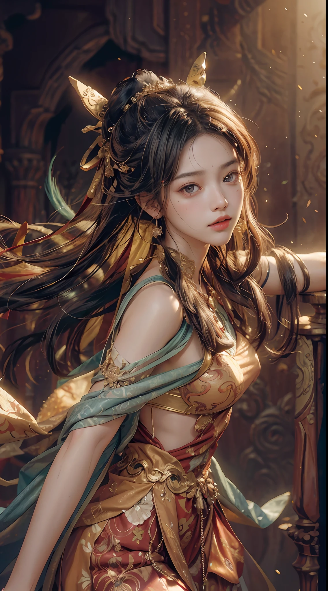 (RAW Photo, Best Quality), (Realistic, Photo Realistic: 1.3), Best Quality, Highly Detailed, Masterpiece, Ultra Detailed, Illustration, 1 Girl, upper_body, Dynamic Angle, World Mastery Theater, messy_long_hair, Best Quality, Extremely Detailed CG Unified 8k Wallpaper, Ink, Amazing, Cinematic Lighting, lens_flare, dunhuang_style, Beautiful Rendering of the Tang Dynasty, (Desert background: 1.2), (Flying pose: 1.2)