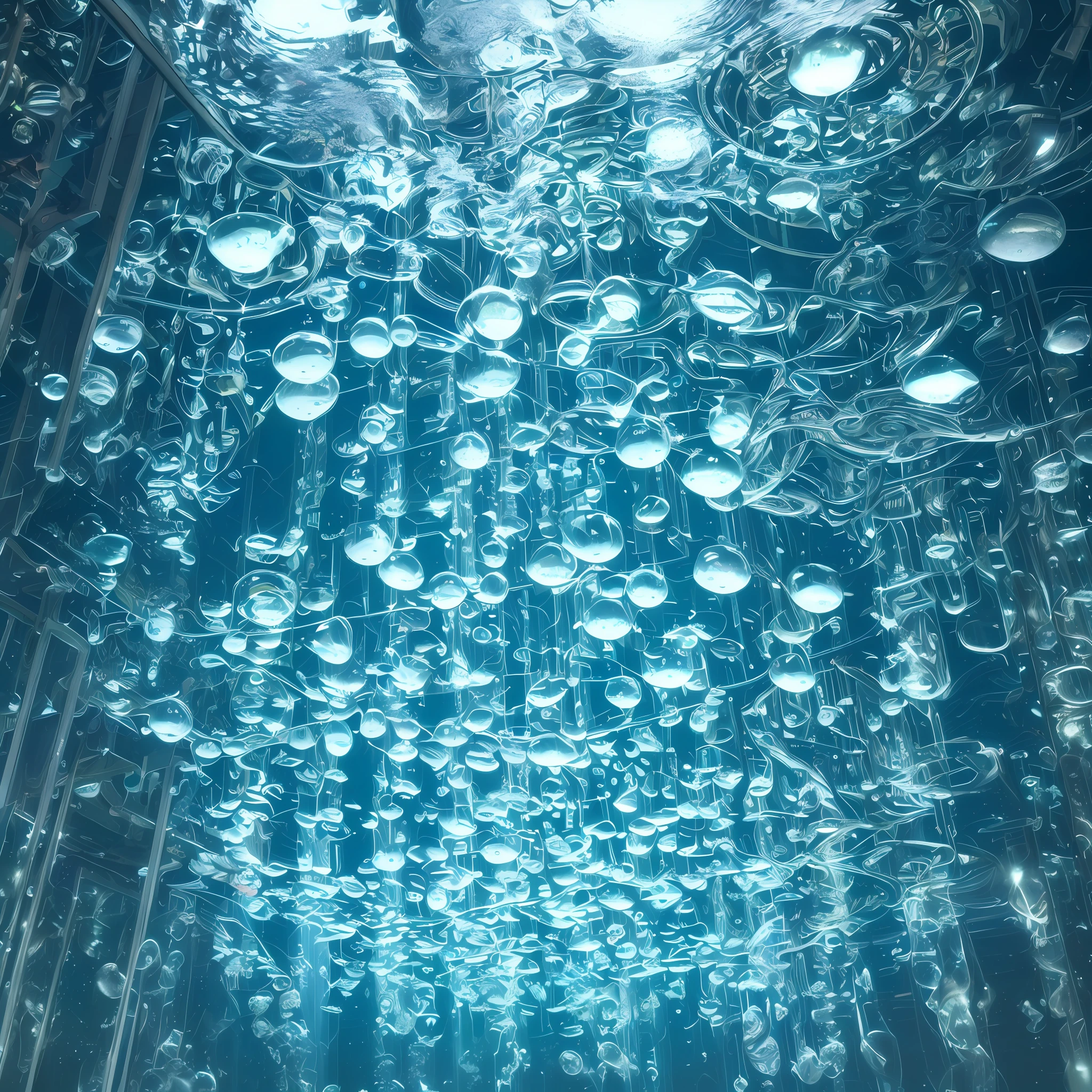 The best quality, the best photos, the details, the mechanical world on the horizontal line and the ((underwater world)) below the horizontal line, mirror symmetrical division, magic perspective, strong contrast, geometric shapes, mechanical creatures, steel, (( Bubbles from water bubbles)), lights flickering on a dark background. -- v 6