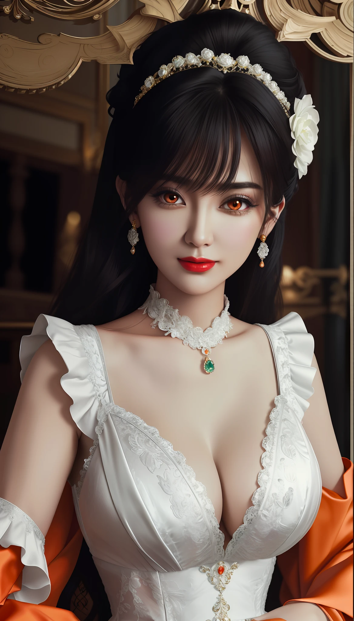 1 girl, looking at viewer, upper body, realistic, large breasts and round, excessively frilled princess dress, draped clothes, jewelry, ornament, flower, lace trim, beautiful big and round orange eyes, sharp eyebrows, very sharp and detailed peacock eyelashes and makeup, red lips, Smiling lips, long silky black hair and jewelry clips, masterpiece, best quality, 8k, detailed skin texture, detailed cloth texture, beautiful detailed face, intricate details, ultra detailed, rim lighting, side lighting, cinematic light, ultra high res, 8k uhd, film grain,best shadow, delicate, RAW