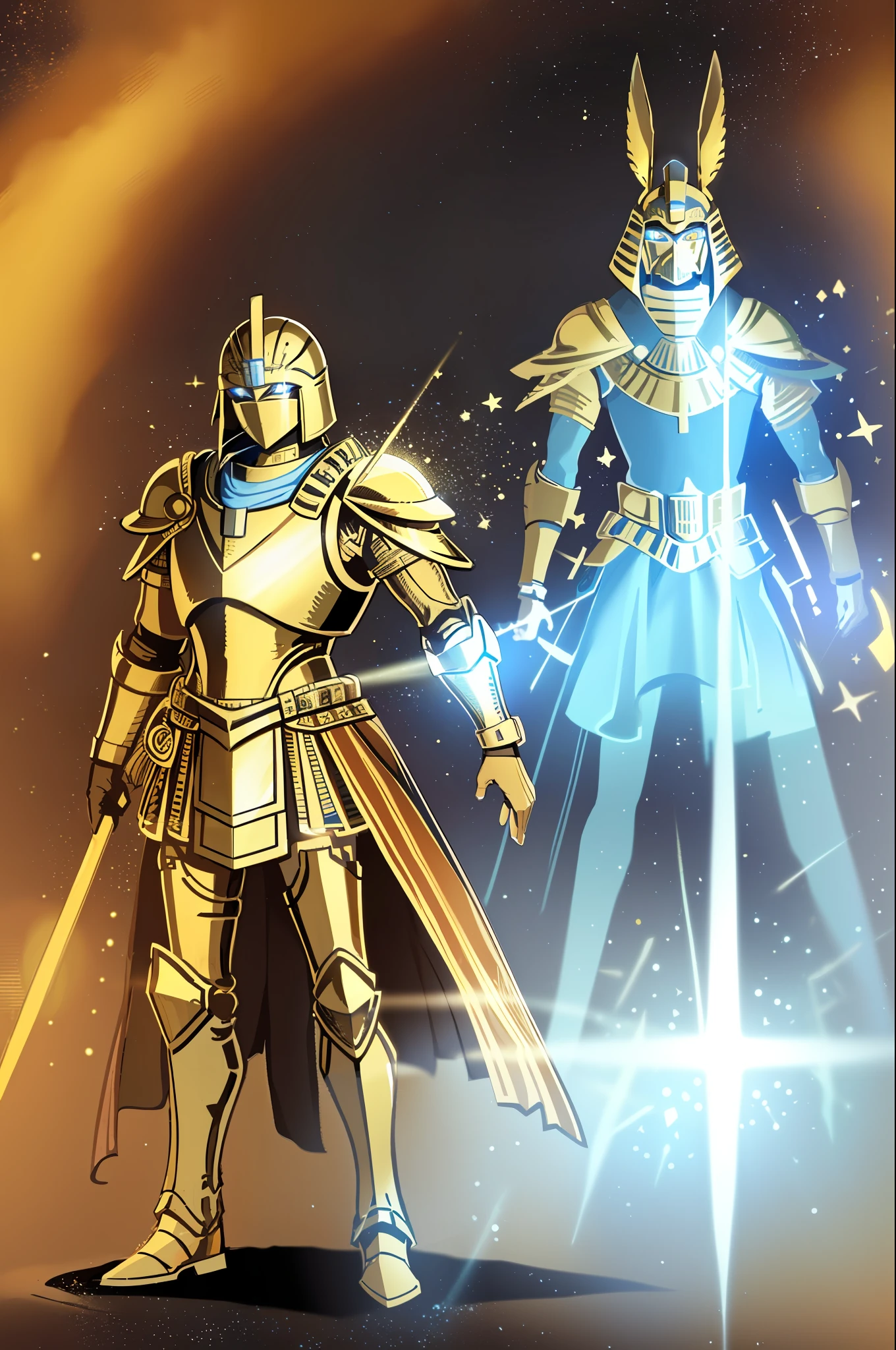 "An Egyptian warrior in techno-magical gold plate armor, with blue light hieroglyphs, and closed helmet. He is standing in a desert landscape at sunset, his armor reflecting the sunset. The camera focuses on his face, which is in the shadow of the helmet, illuminating only his eyes. Around it floats sand creating a magical wind effect."