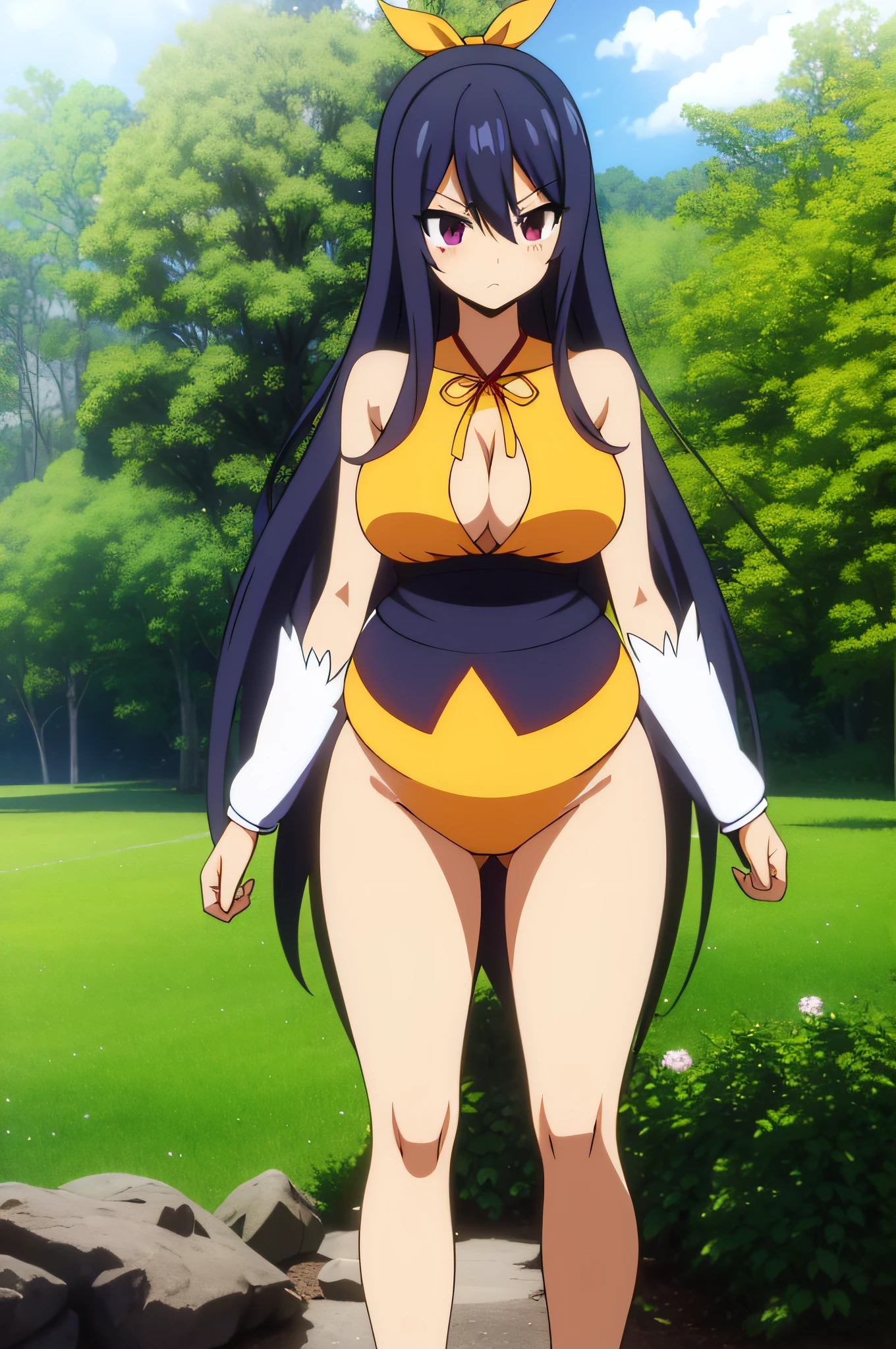 HOMURA (EDENSZERO), 1GIRL, SEXY, BREASTS, BEST QUALITY, MASTERPIECE, SLENDER, DARK YELLOW KIMONO, {HALF-NAKED}, PREGNANT, YELLOW RIBBON, OUTDOOR