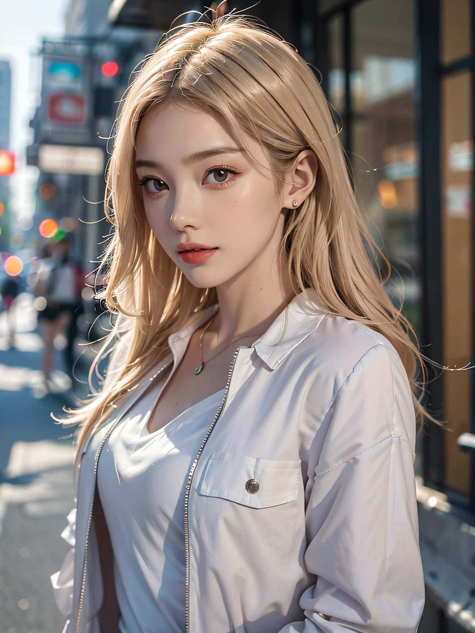 best quality, white skin, real human skin, (detailed fac), oval face, pores, ultra high res, (8k, RAW photo, photorealistic:1.4), 1girl, slim, (looking at viewer with a serene and goddess-like happiness:1.2), ( lipgloss, eyelashes, gloss-face, best quality, ultra highres, Broad lighting, natural shading), oversized jacket, fashion shirt,  cityscape,