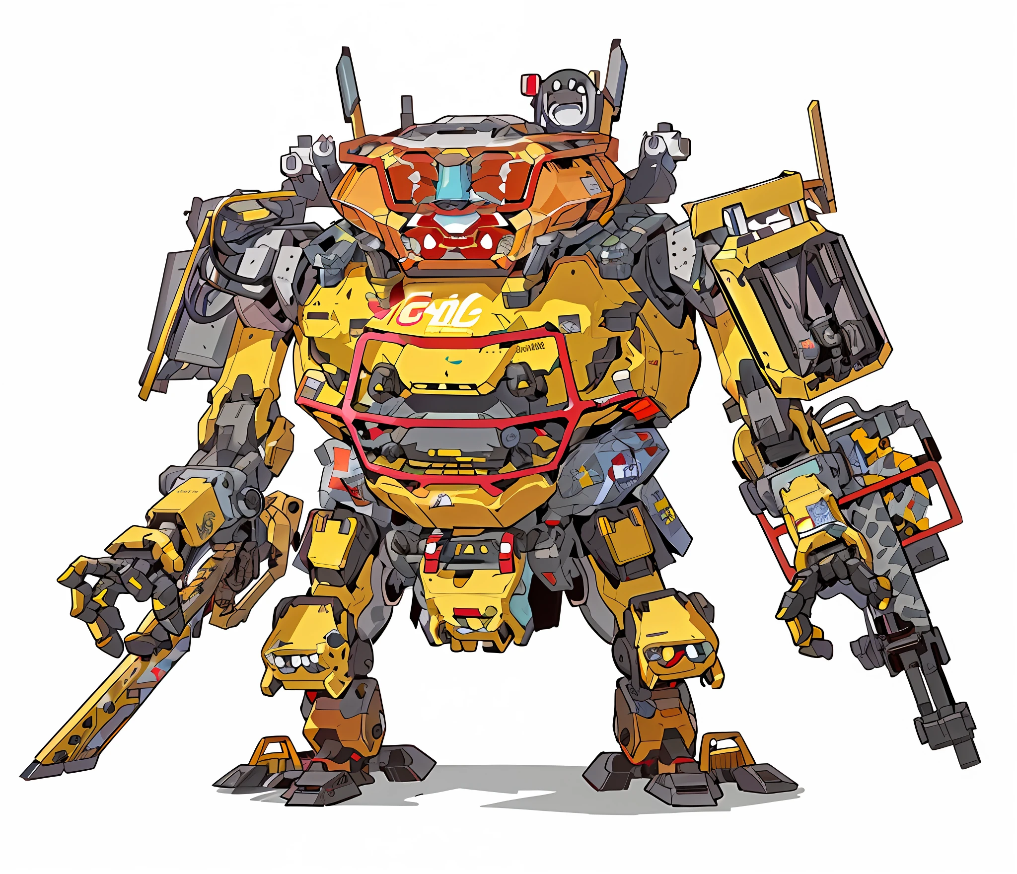 a close up of a robot with a gun and a helmet, yellow mech, mech, mechanized art concept, comic book style battlemech, mech body, mecha inspired, mech robot, cute elaborate epic robot, mecha, painterly humanoid mecha, cyber mech, mech concept art, collosal mech, big mecha, alexandre ferra mecha