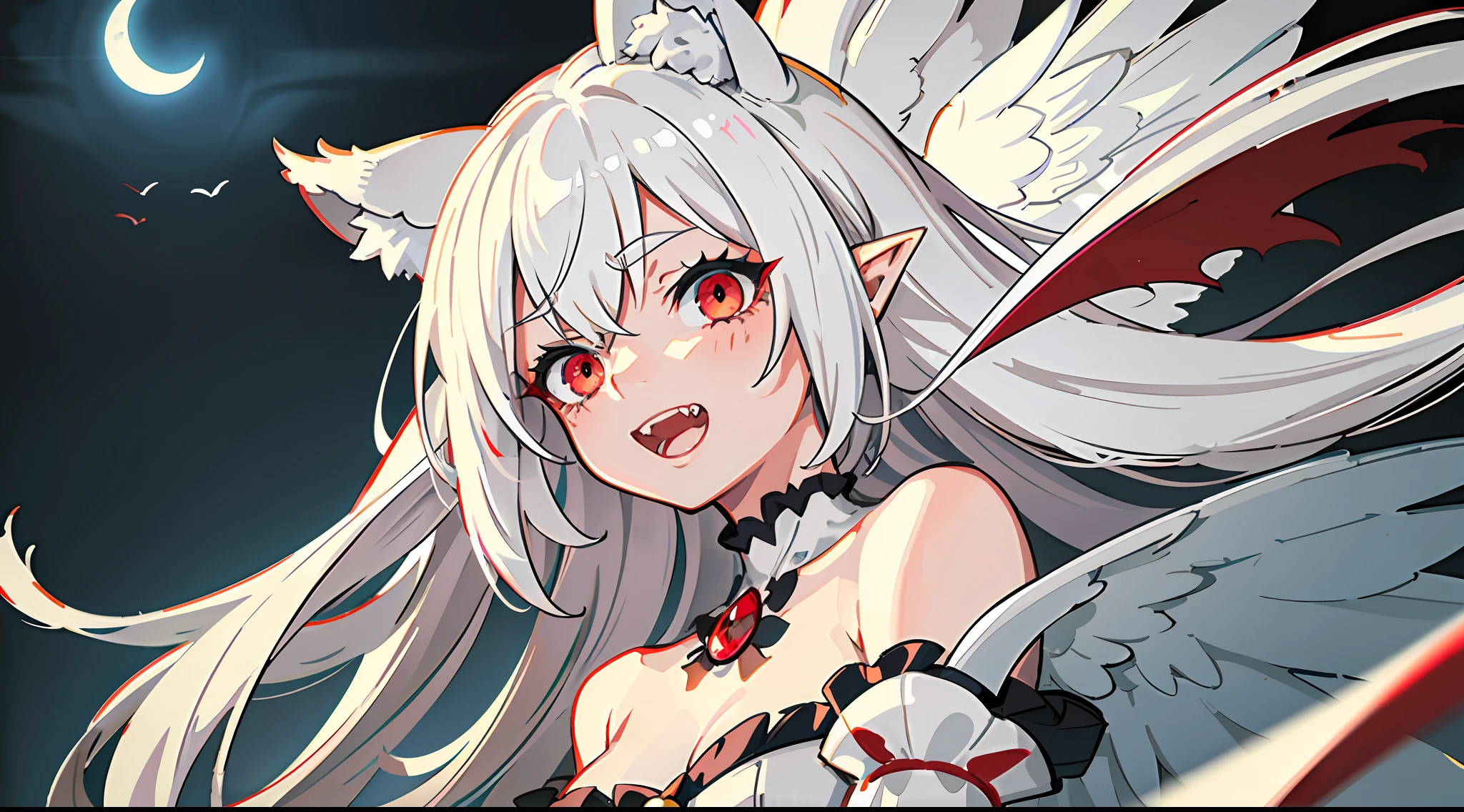 (1loli,solo focus:1.1), blood, 
Natural Volumetric Lighting And Best Shadows, Deep Depth Of Field, Sharp Focus,, upper body Of ,Stunningly Beautiful White Demon Girl, Soft Delicate Beautiful Attractive Face With Alluring Sharp Eyes, Black Sclera Red Iris, Lovely Small Breasts, Sharp Eyeliner, (From Below View:1.00), Vicious Grin, Open Mouth With Cute Fangs Out, Windswept Disheveled White Hair, Thick Layered Absurdly Long Hairstyles, Blush Eyeshadow With Thick Eyelashes, Parted Lips, Pale Skin, Pointy Ears, Handcuffs, Red Jewel, White Demon Wings And Black Cat Ears, White Bare Shoulders One-Piece Dress, (Standing Tall, Blue-ish White Aura:1.1), (Moon Over The Castle Panorama:1.15), (Highest Quality, Amazing Details:1.4), Masterpiece, Pastel, Picturesque, Professional Oil Paintings