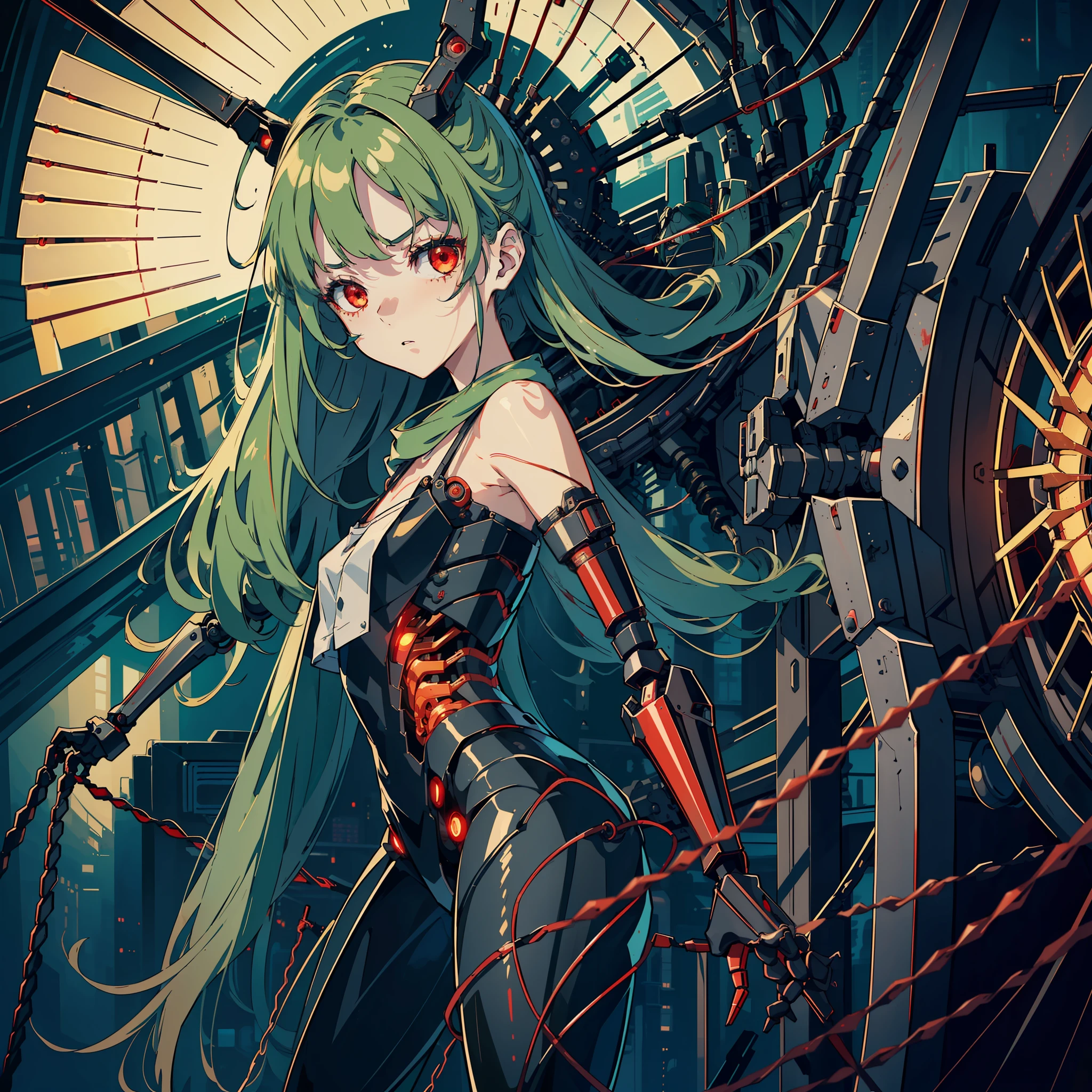 1girl, pain_facial_expression,((masterpiece)),((high detailed)), ((best quality)), green hair, red eyes, ((black_mechanical_body)), ((wires)), (((prothesis_arms))), raining, dark_lighting, beautiful lighting,((prothesis_legs)), reactor, fan,