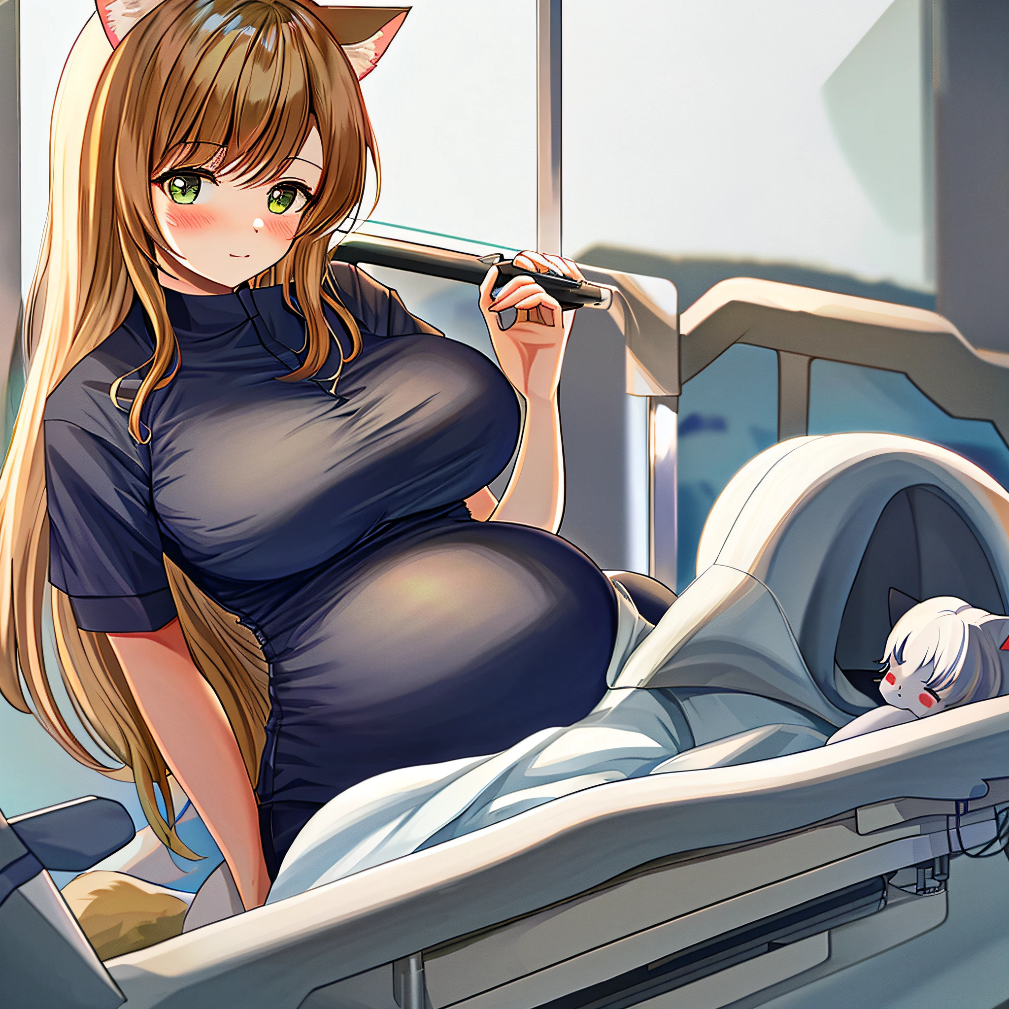 a pregnant catgirl wearing maternity suit laying in hospital bed while waiting to give birth