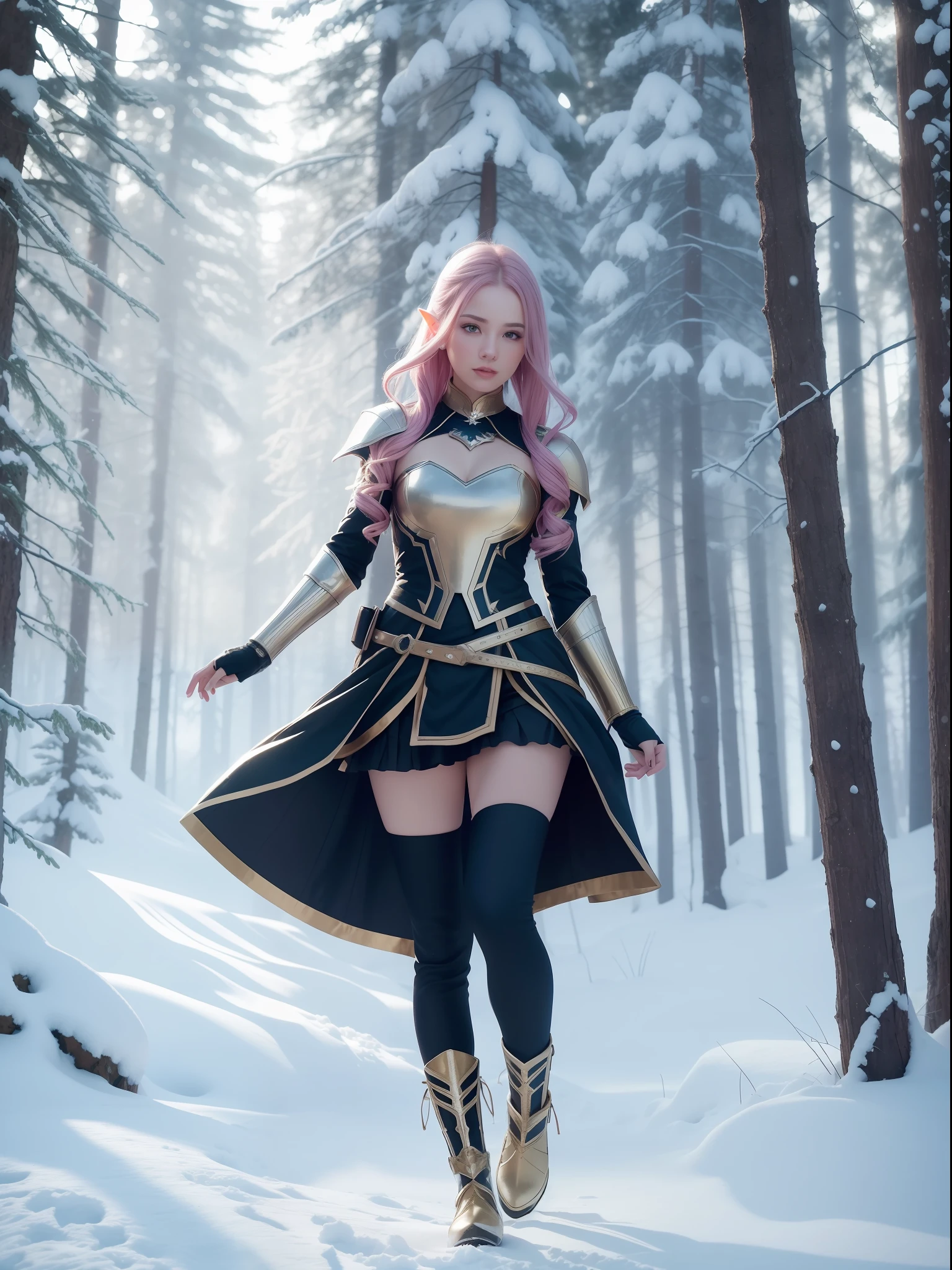 Akaction Shots Adorable youthful elf female knight, wearing gold armor on upper body, leggings and boots on lower body, colorful color, cute, dazzling, colorful, gorgeous, elaborate, vivid, moving, glamorous full body, mysterious, majestic, majestic, intricate details, forest glade, bright background, surreal photo style, realistic 4k, photography, 3D neon lights, Epic Compositing Unreal Engine, Cinematic, Color Grading, HD, Natural Light, Realistic, 20mm Lens, f/1.2, Accent Octane Rendering, 4K (Raw Photo: 1.2), (Photorealistic: 1.4), (Best Quality: 1.4), (Ultra High Resolution: 1.2), (Very Detailed: 1.3), (HDR: 1.2), ( Cinematic Lighting: 1.3), (Detailed Eyes), (Detailed Faces), (Snow Background: 1.2), Standing Pose, (3/4 Portrait: 1.2), (Adorable: 1.2), (Staring at the Beholder), (Innocent Expression), (Soft Lighting), (Dreamy), (Fantasy-like: 1.3), (Ethereal:1.3), (Magical:1.2), (Snowflake: 1.2), ( Winter Wonderland: 1.3), (Whimsy: 1.2), (Playfulness: 1.2).