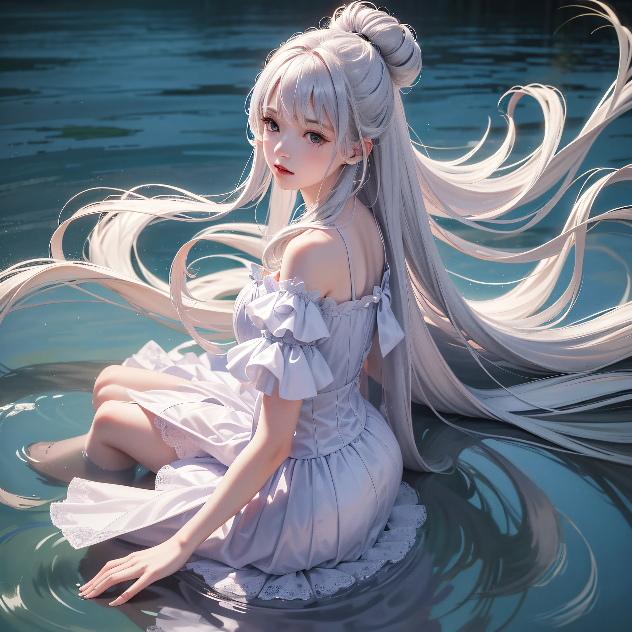 Masterpiece, 8K, (film grain) ((ultra-realistic detail)), girl, long silver hair flowing in the wind, light purple tulle, right hand to ear, left hand with skirt, sideways half kneeling by the river, whole body, ripples in the water, sparkling, white reeds, starry in the sky, the galaxy in the distance