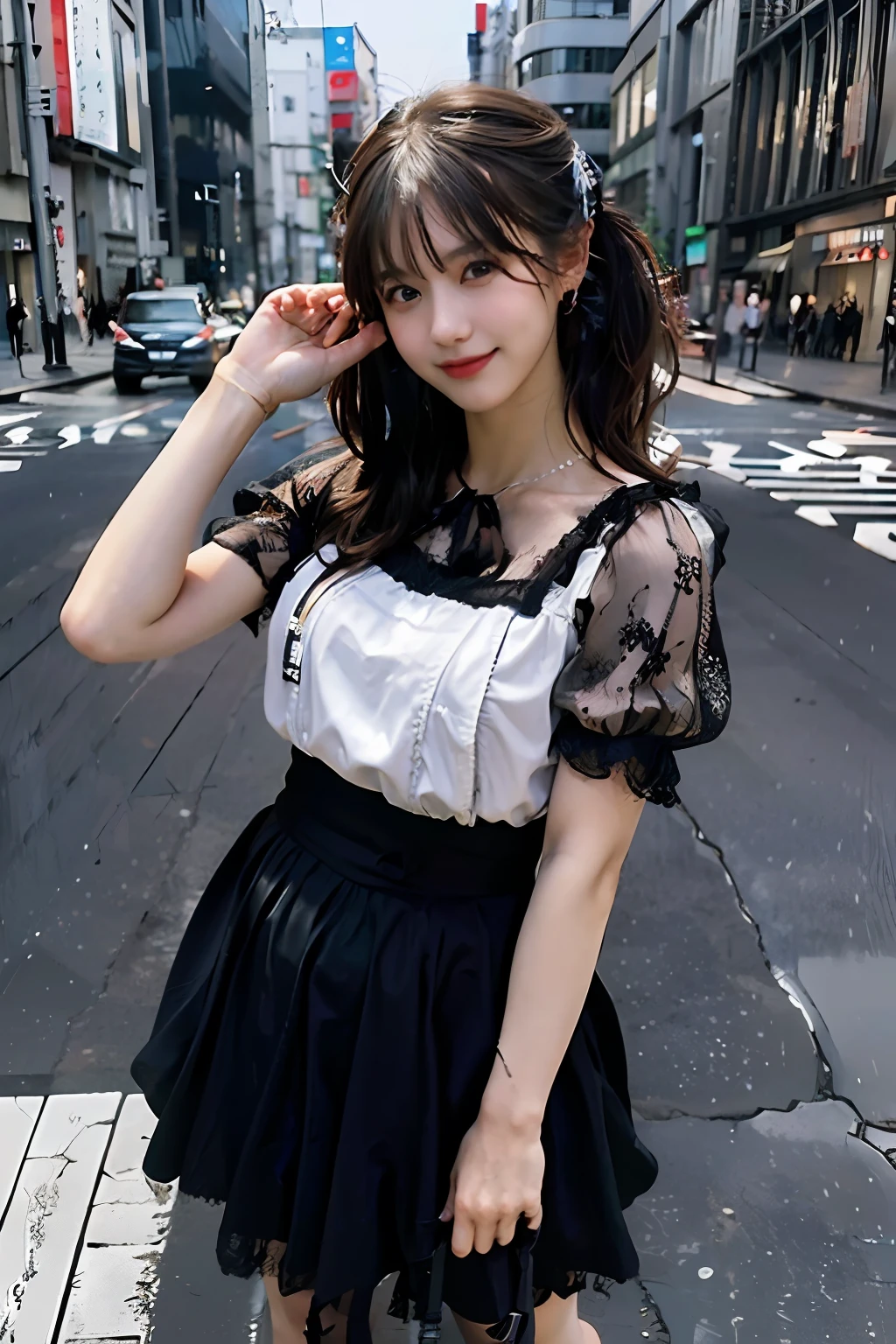 best quality, masterpiece, ultra high res, 8K, raw, (photo realistic:1.4), sharp focus, 1 girl, (detailed background:1.5), (tokyo street:1.3), full body, medium built, dynamic pose, cute,18yo, evil smile, big black eyes, medium breasts, brown hair, detailed clothes