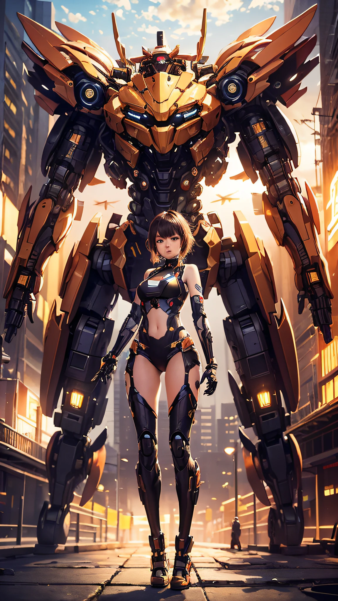 ((masterpiece, best quality)),illustration,ultra detailed 8k,photorealistic,sharp focus,highly detailed,professional lighting,colorful details,iridescent colors BREAK extreme long shot of a factory,large mechanical robot construction,microchip,computer,glowing,intricate details,shitu-mecha,1girl is standing in front of the audience,Navel