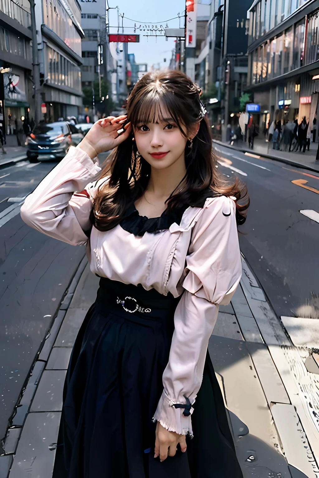 best quality, masterpiece, ultra high res, 8K, raw, (photo realistic:1.4), sharp focus, 1 girl, (detailed background:1.5), (tokyo street:1.3), full body, medium built, dynamic pose, cute,18yo, evil smile, big black eyes, medium breasts, brown hair, detailed clothes